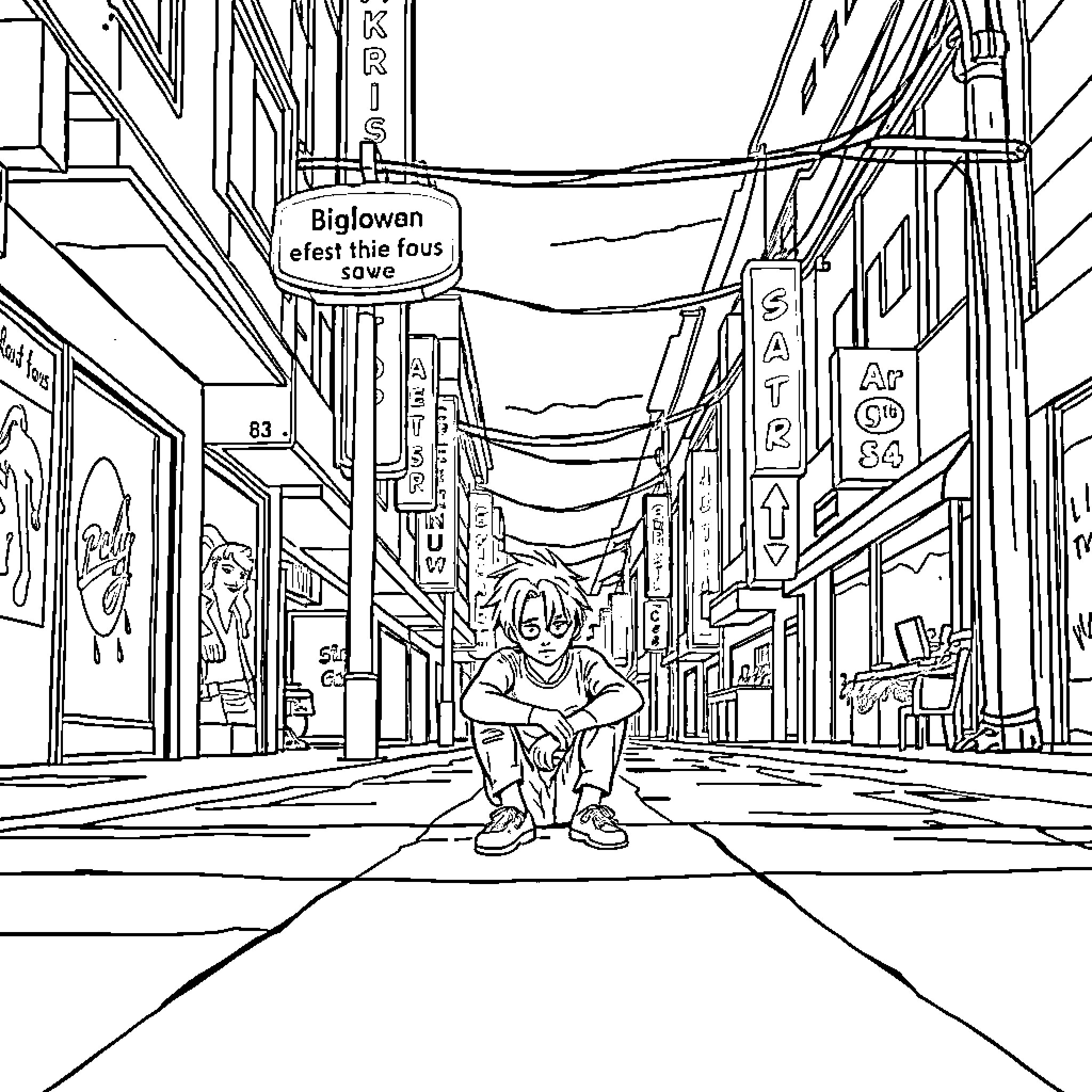 Sad Boy Sitting Alone on City Street Coloring Page (free black-and-white line drawing printable PDF for all, from beginners to advanced learners, including children, teens, adults, and seniors)