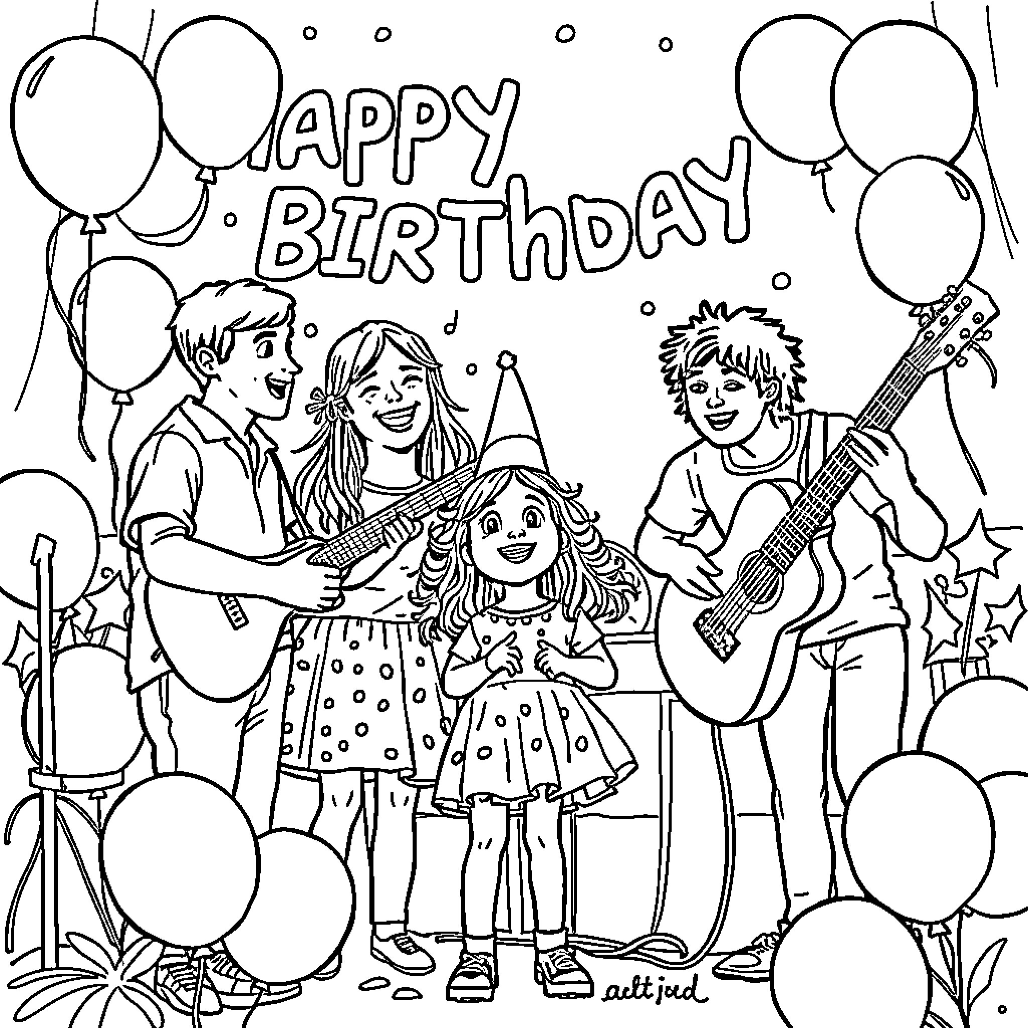 Weezer's Birthday Party with Music and Balloons Coloring Page (free black-and-white line drawing printable PDF for all, from beginners to advanced learners, including children, teens, adults, and seniors)