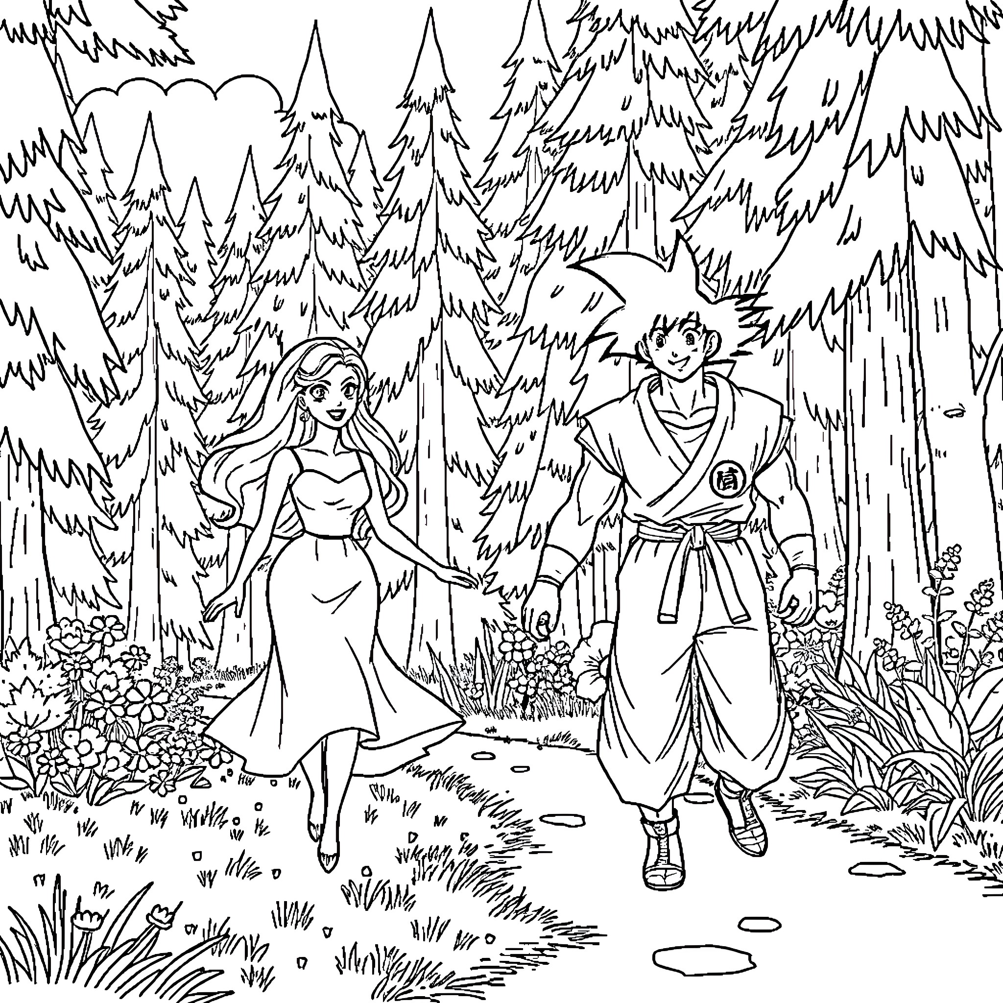 Barbie and Ken Adventure in the Enchanted Forest Coloring Page (free black-and-white line drawing printable PDF for all, from beginners to advanced learners, including children, teens, adults, and seniors)