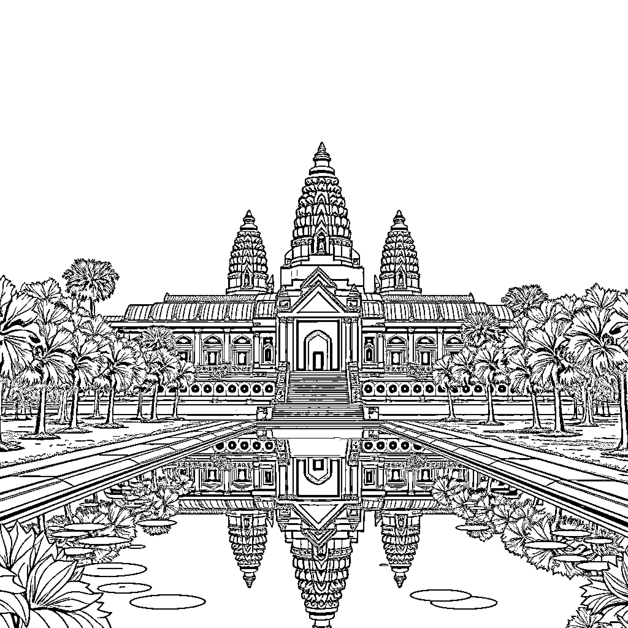 Angkor Wat - Majestic Cambodian Temple Complex Coloring Page (free black-and-white line drawing printable PDF for all, from beginners to advanced learners, including children, teens, adults, and seniors)