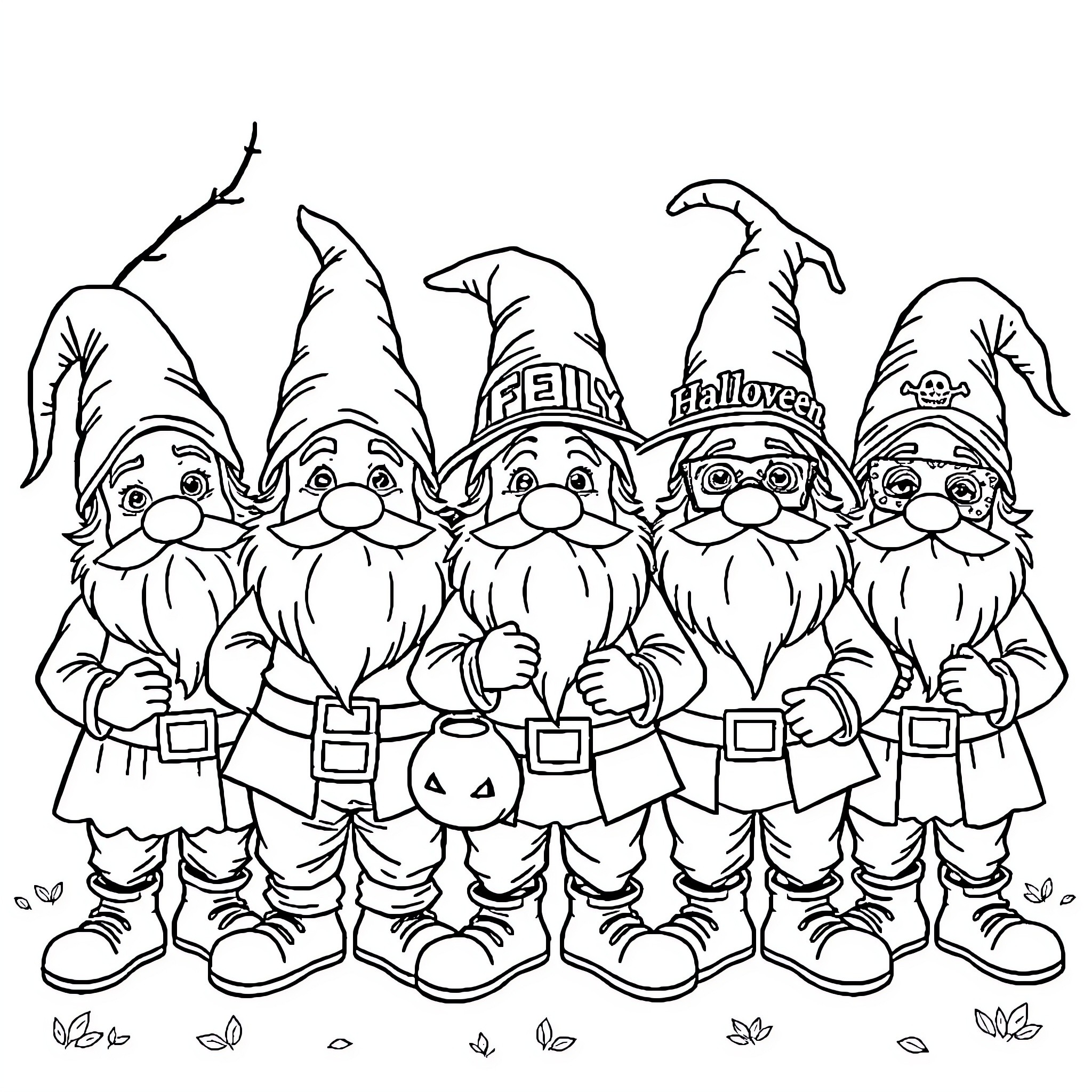 Dwarf Halloween Goblins in Costume and Hats Coloring Page (free black-and-white line drawing printable PDF for all, from beginners to advanced learners, including children, teens, adults, and seniors)