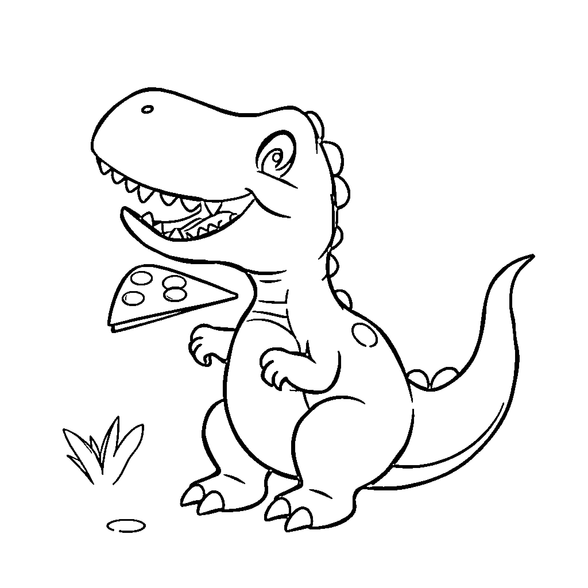Dinosaur happily enjoying a slice of pizza Coloring Page (free black-and-white line drawing printable PDF for all, from beginners to advanced learners, including children, teens, adults, and seniors)