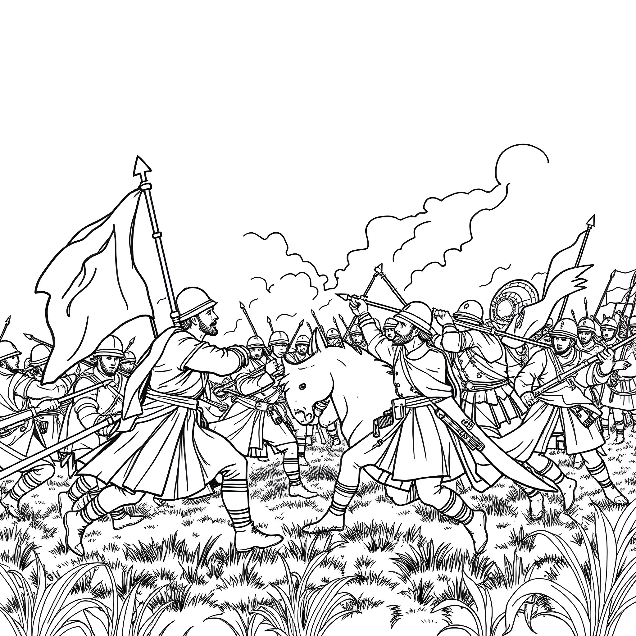 Italy: Battle scene with soldiers in traditional attire Coloring Page (free black-and-white line drawing printable PDF for all, from beginners to advanced learners, including children, teens, adults, and seniors)