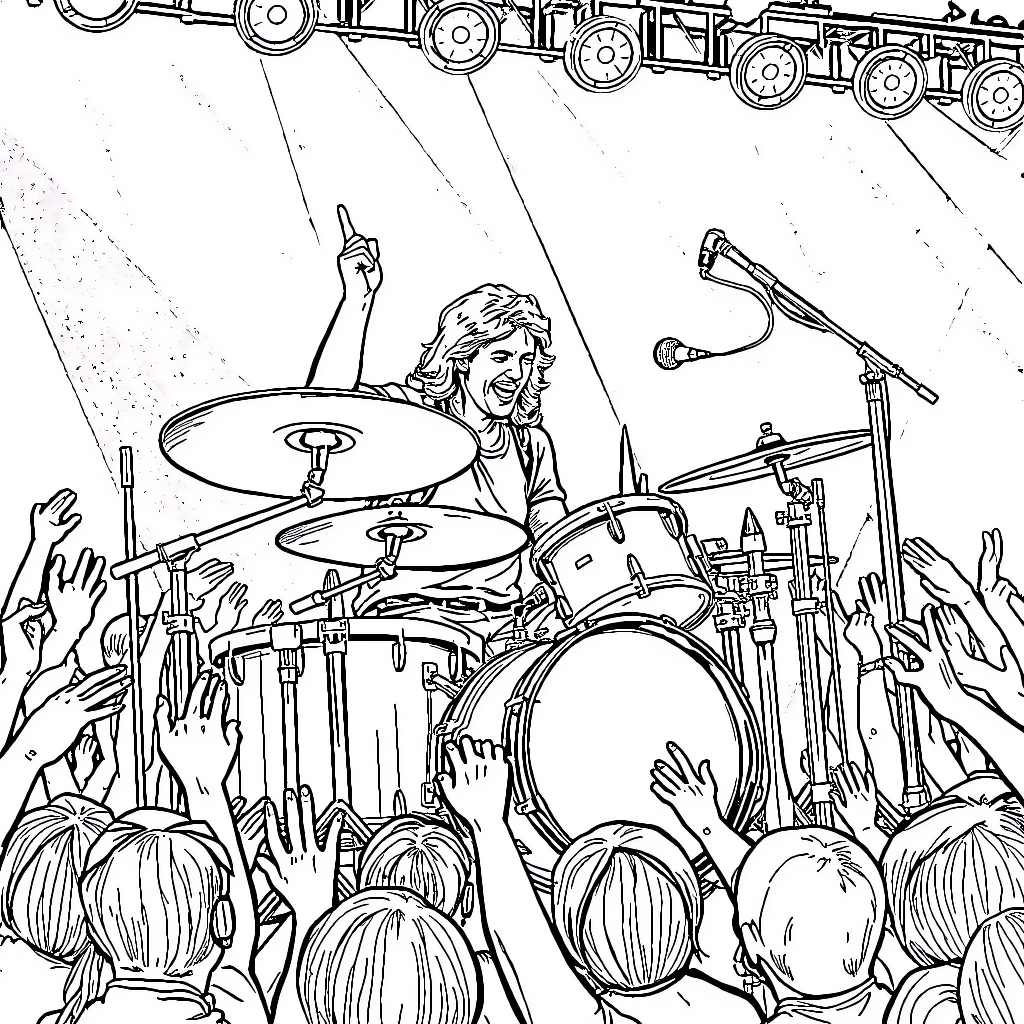 Neil Peart performing live on stage with drums Coloring Page (free black-and-white line drawing printable PDF for all, from beginners to advanced learners, including children, teens, adults, and seniors)