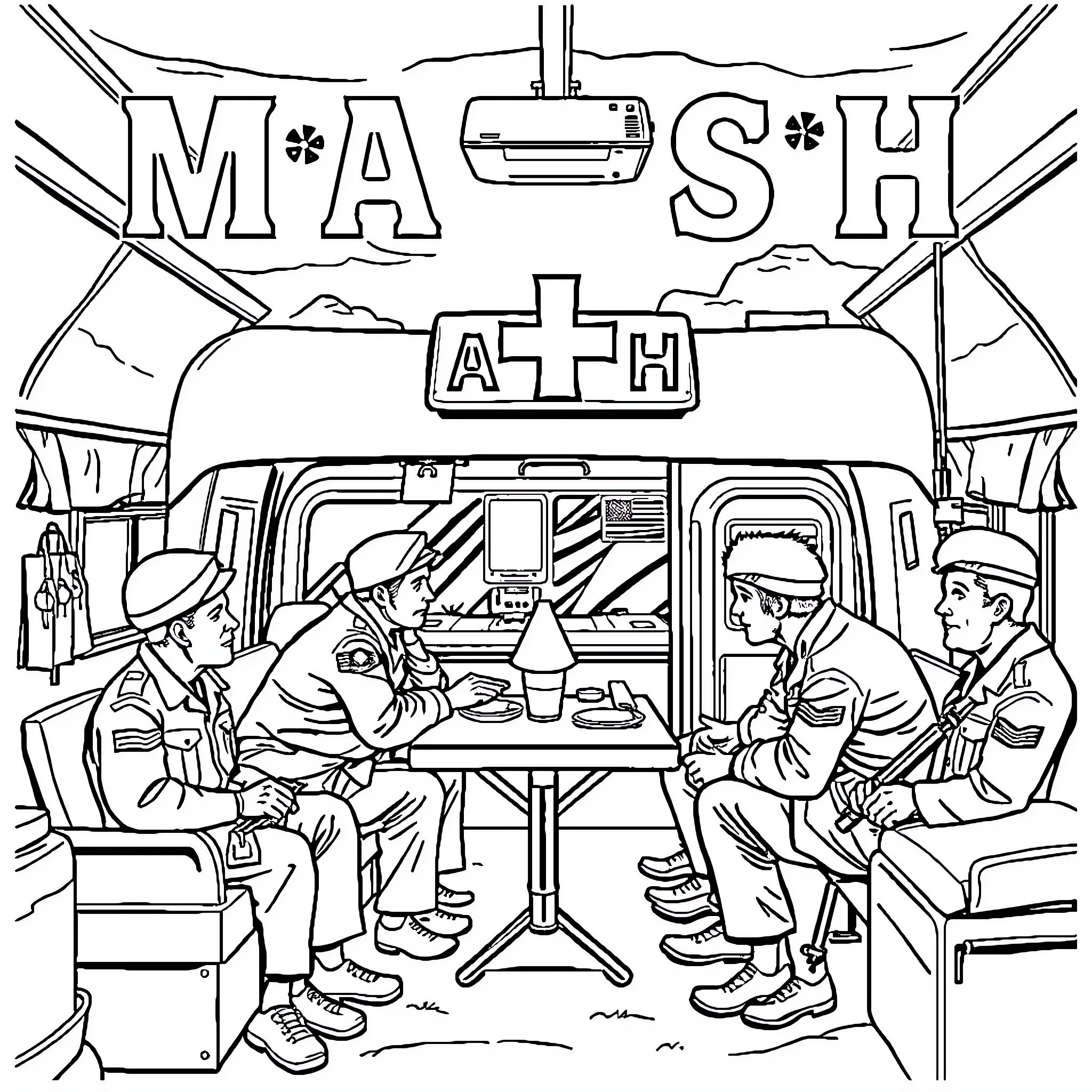 M*A*S*H soldiers enjoying a meal in the field Coloring Page (free black-and-white line drawing printable PDF for all, from beginners to advanced learners, including children, teens, adults, and seniors)
