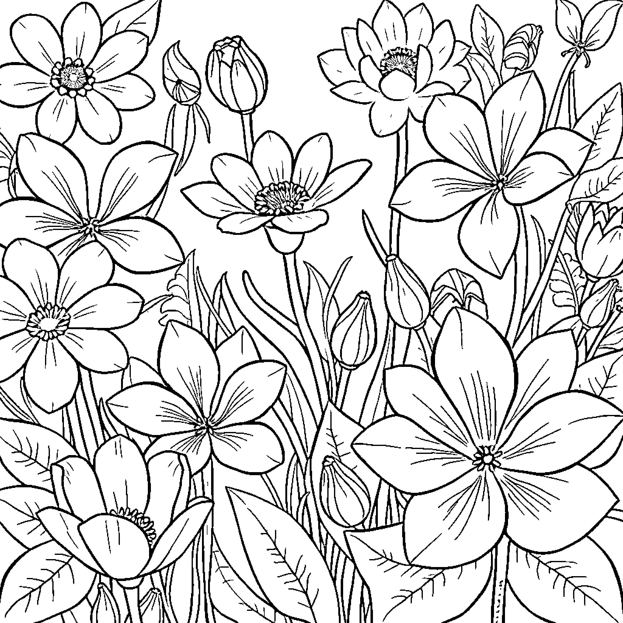 Flower garden with various blooms Coloring Page (free black-and-white line drawing printable PDF for all, from beginners to advanced learners, including children, teens, adults, and seniors)