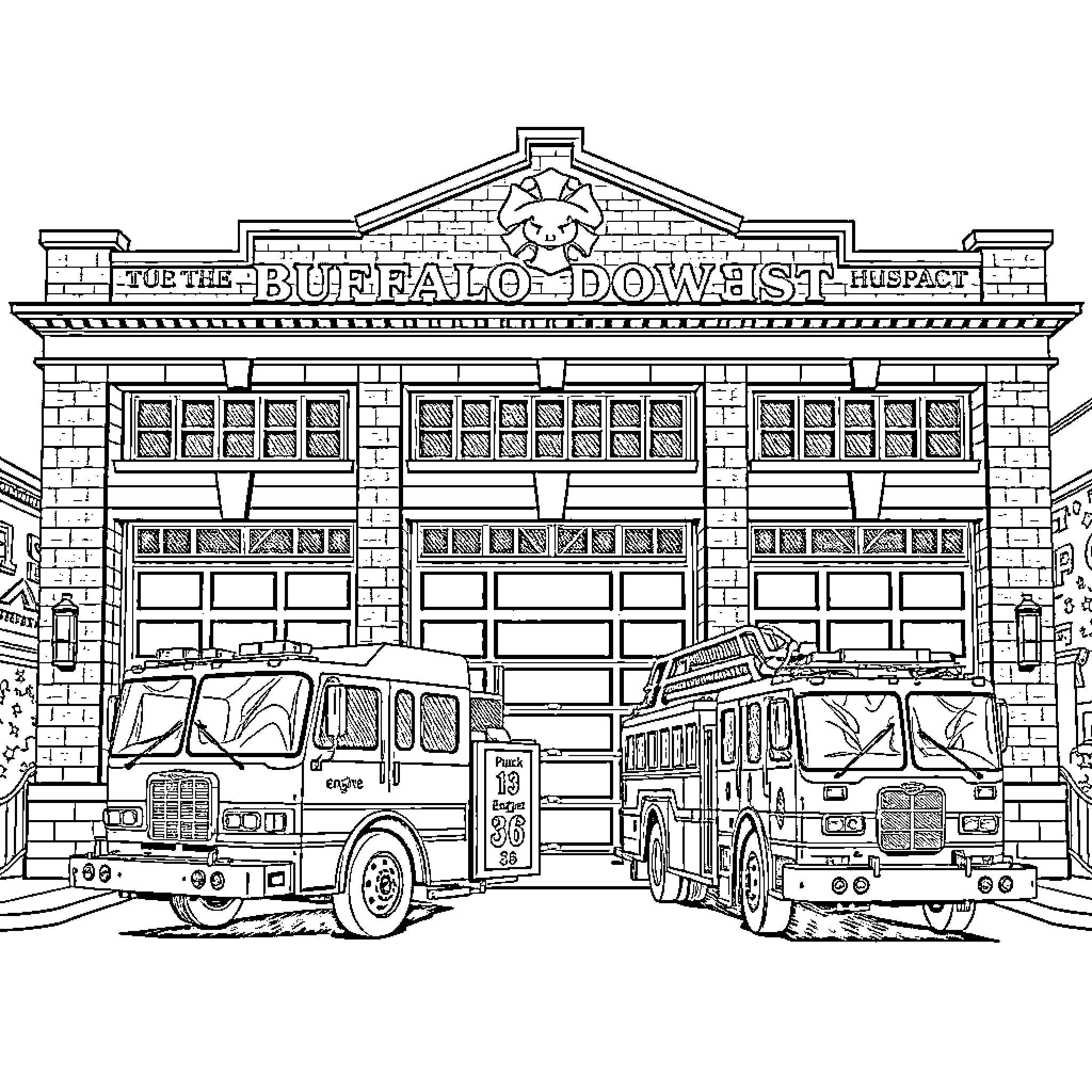 Fire Trucks at the Buffalo Downeast Firehouse Coloring Page (free black-and-white line drawing printable PDF for all, from beginners to advanced learners, including children, teens, adults, and seniors)