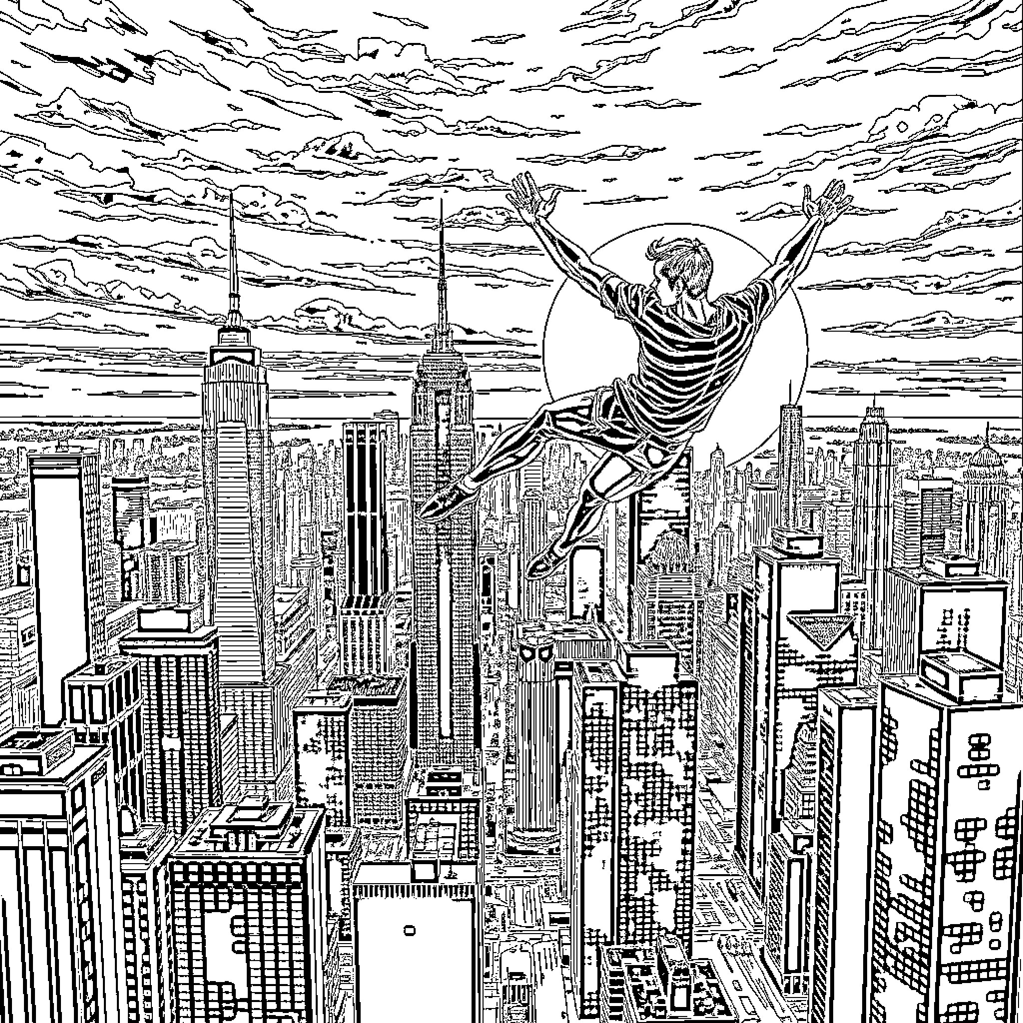 Man soaring over the city skyline Coloring Page (free black-and-white line drawing printable PDF for all, from beginners to advanced learners, including children, teens, adults, and seniors)