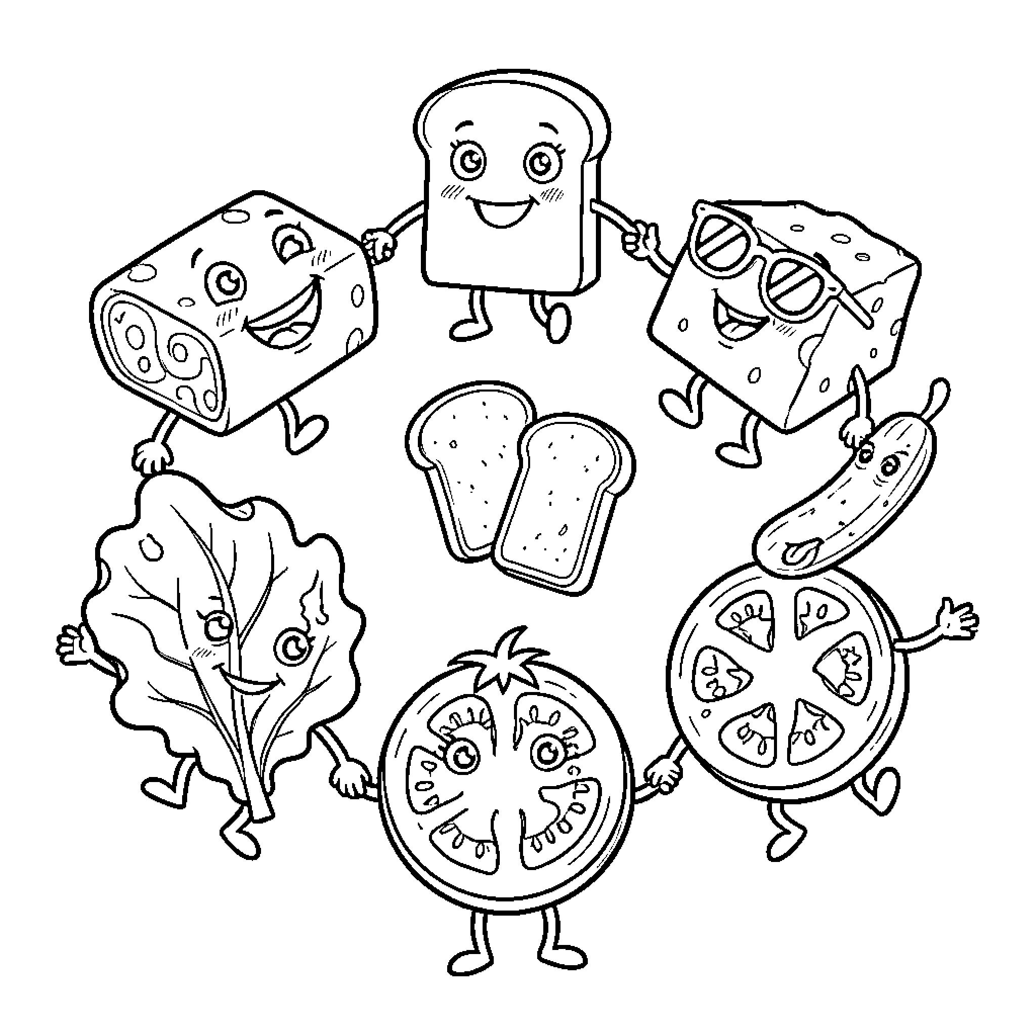 Aliment characters in playful poses Coloring Page (free black-and-white line drawing printable PDF for all, from beginners to advanced learners, including children, teens, adults, and seniors)