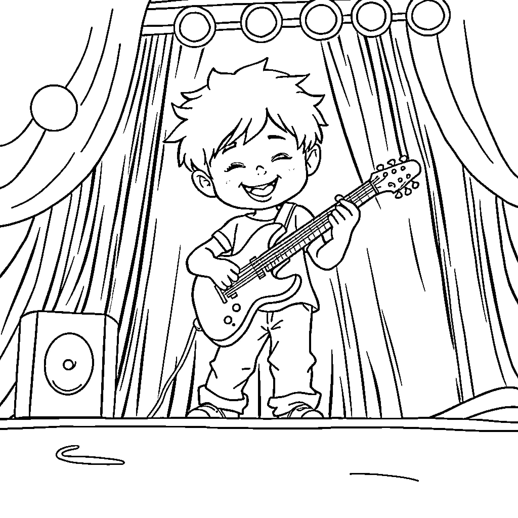 Midget playing cheerfully with guitar on stage Coloring Page (free black-and-white line drawing printable PDF for all, from beginners to advanced learners, including children, teens, adults, and seniors)