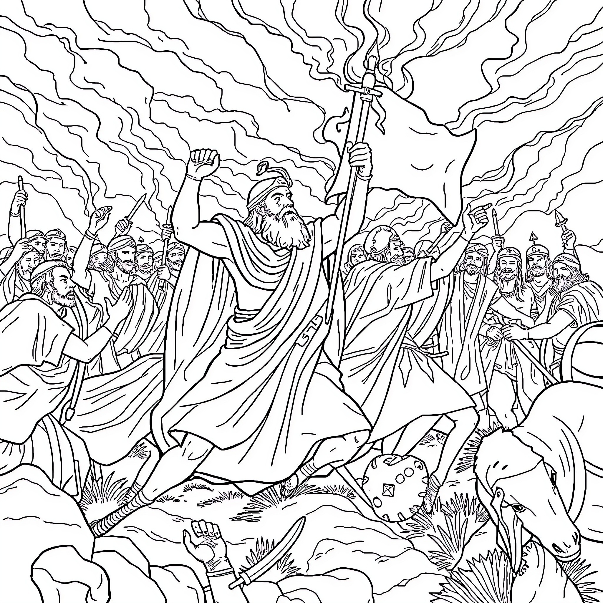 Saul's Revelation on the Road to Damascus Coloring Page (free black-and-white line drawing printable PDF for all, from beginners to advanced learners, including children, teens, adults, and seniors)