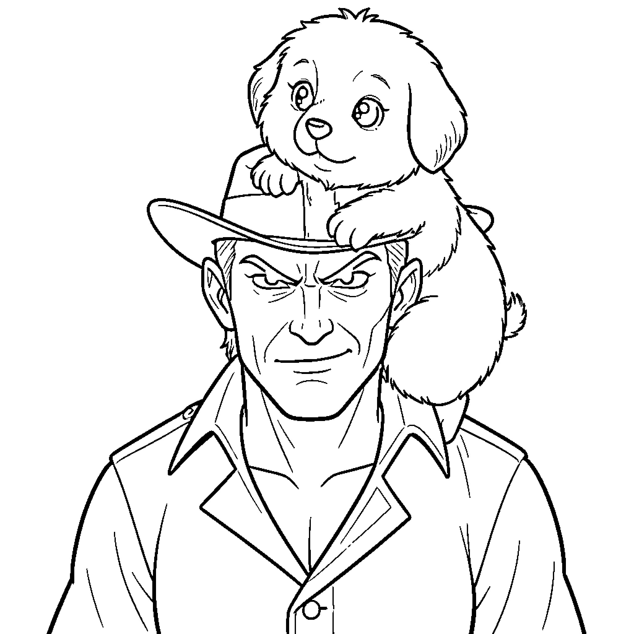 Villain and his loyal companion Coloring Page (free black-and-white line drawing printable PDF for all, from beginners to advanced learners, including children, teens, adults, and seniors)