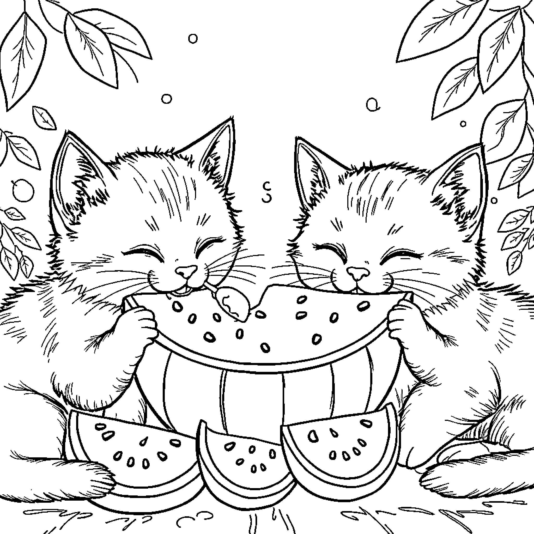 Cat Kittens Enjoying Watermelon Treat Coloring Page (free black-and-white line drawing printable PDF for all, from beginners to advanced learners, including children, teens, adults, and seniors)