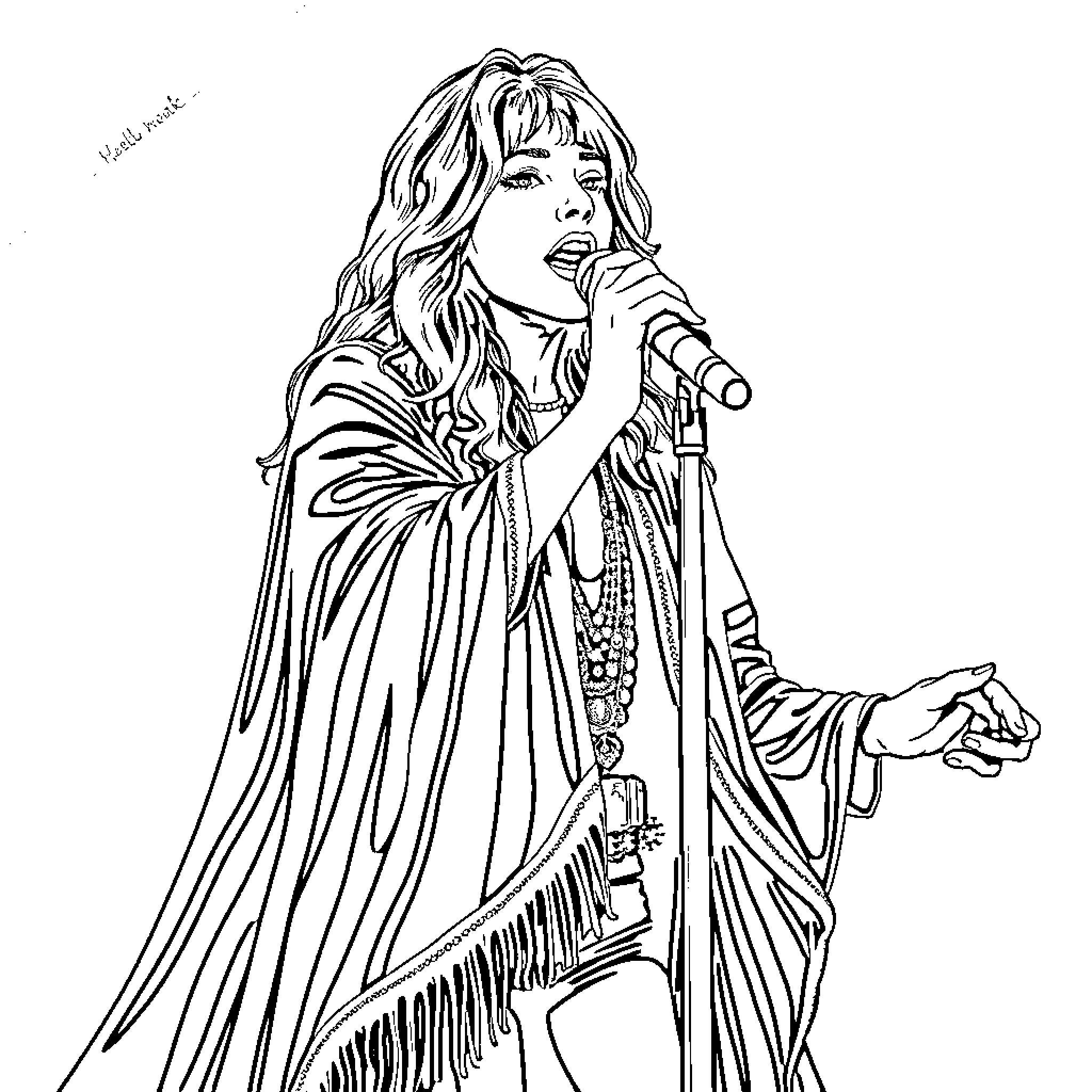 Stevie Nicks performing on stage in iconic bohemian attire Coloring Page (free black-and-white line drawing printable PDF for all, from beginners to advanced learners, including children, teens, adults, and seniors)