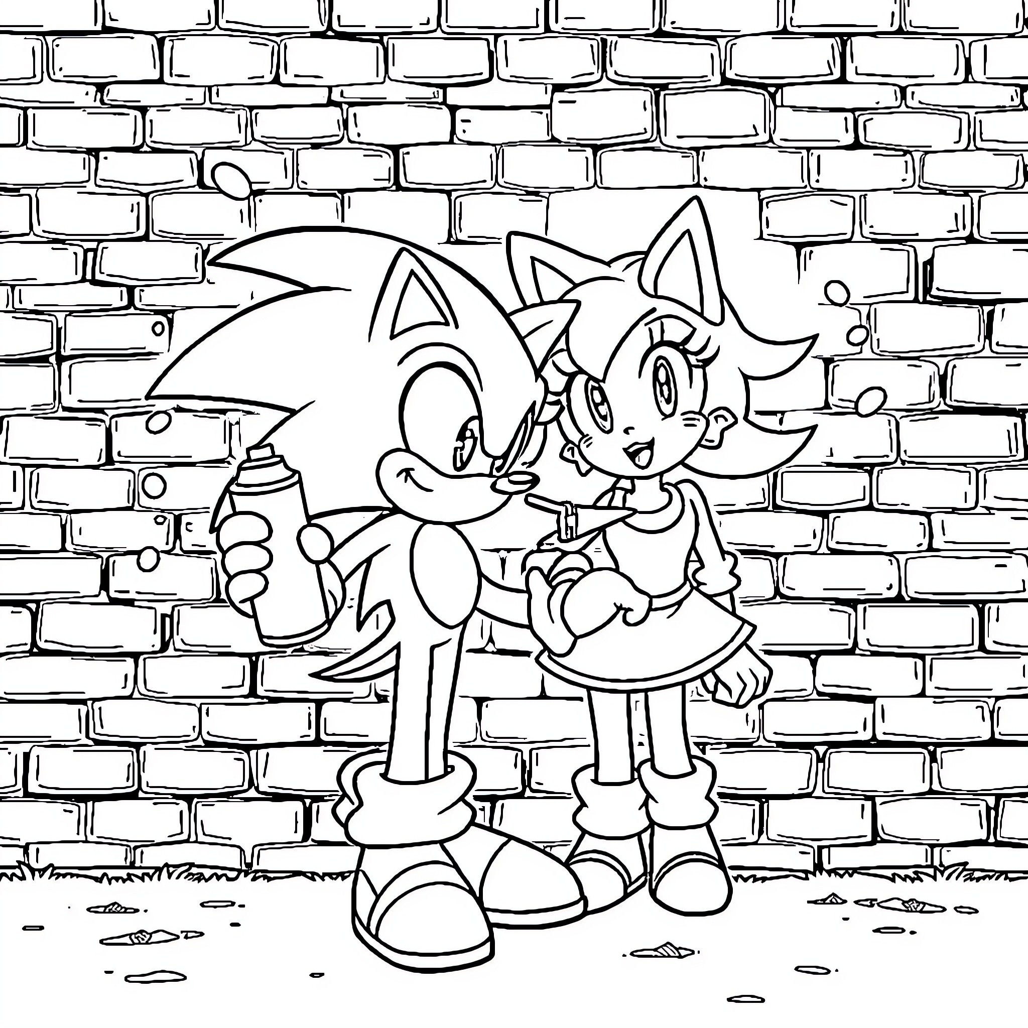 Sonic and Amy having fun with spray cans Coloring Page (free black-and-white line drawing printable PDF for all, from beginners to advanced learners, including children, teens, adults, and seniors)