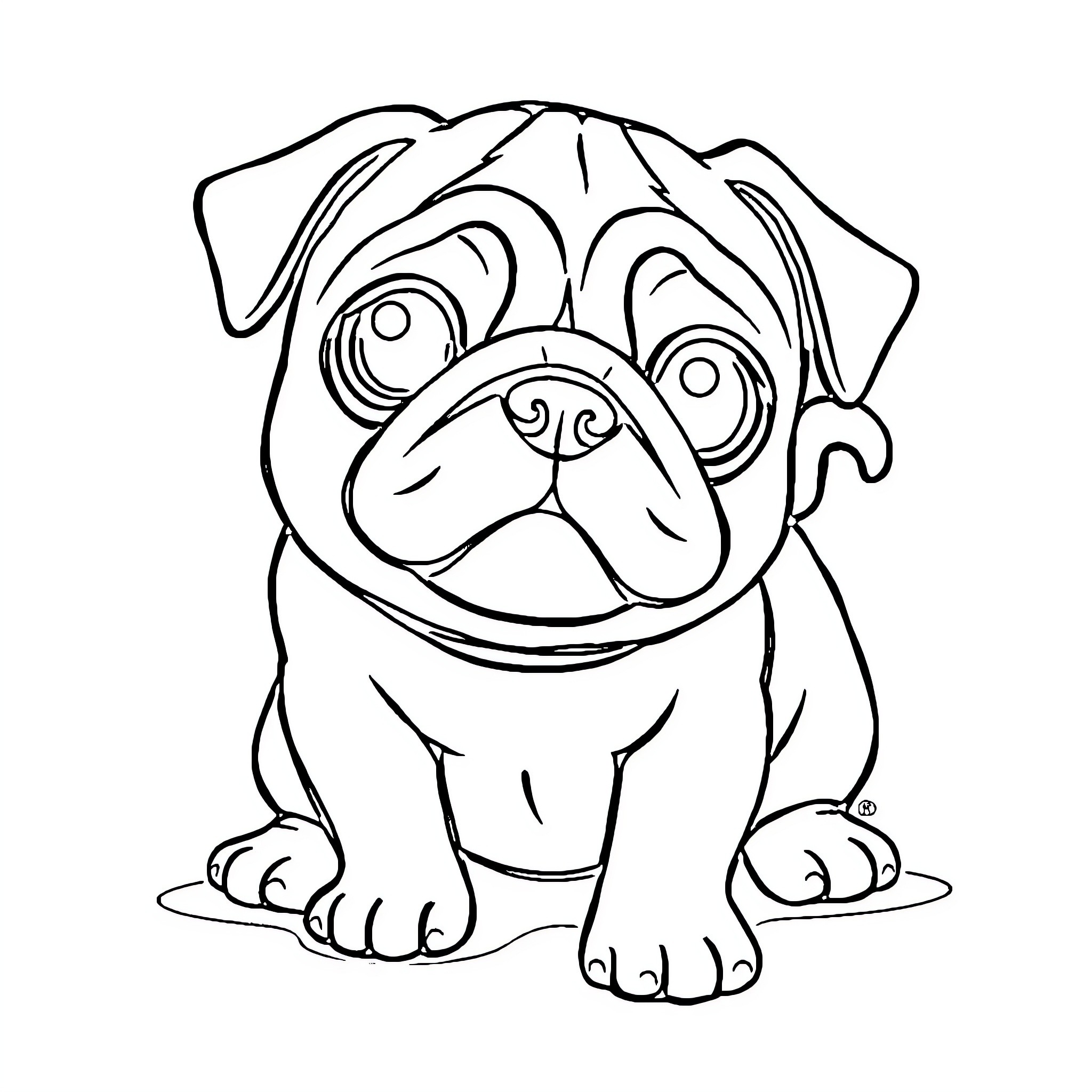 Pug with a Happy Facial Expression Coloring Page (free black-and-white line drawing printable PDF for all, from beginners to advanced learners, including children, teens, adults, and seniors)