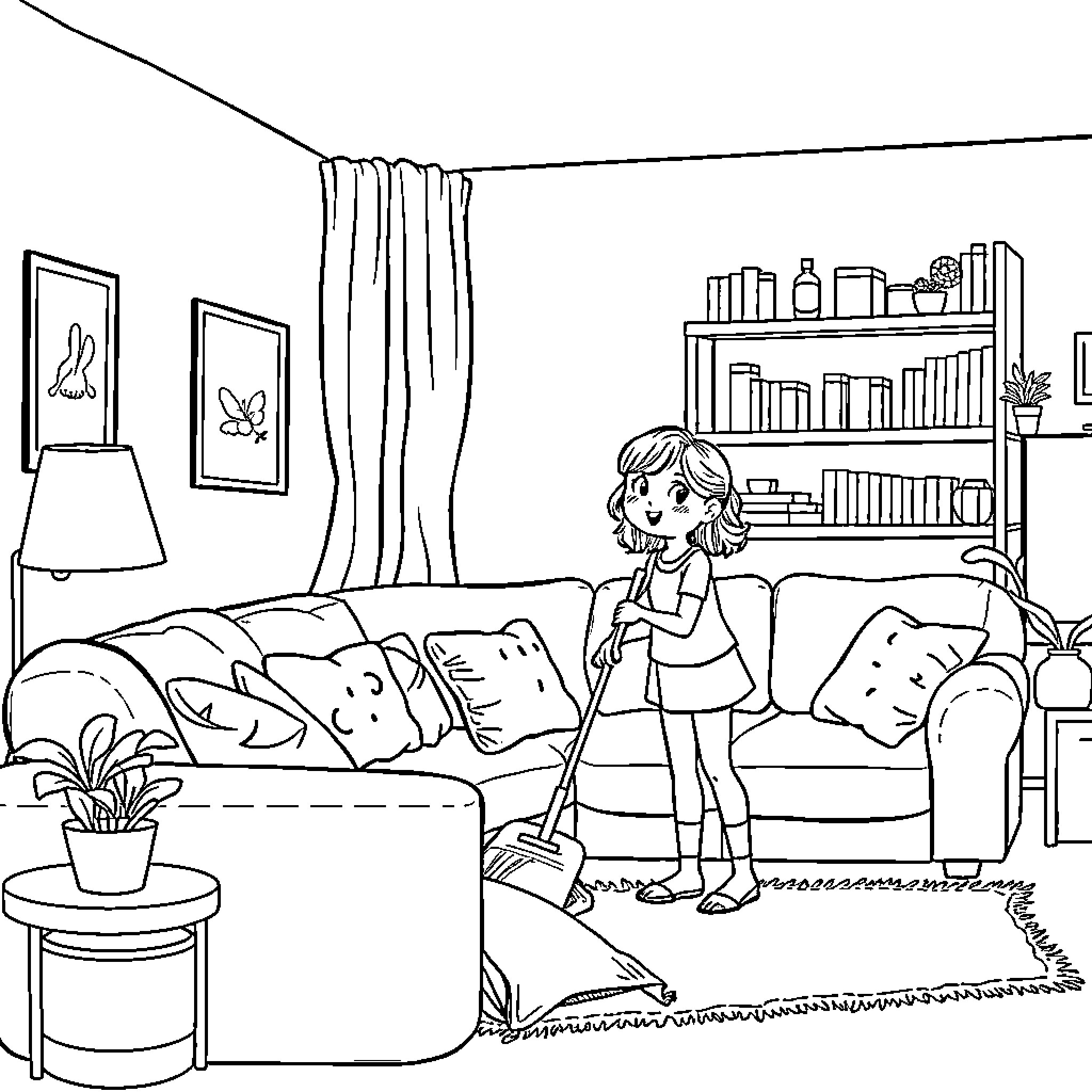 Girl cleaning a messy living room Coloring Page (free black-and-white line drawing printable PDF for all, from beginners to advanced learners, including children, teens, adults, and seniors)
