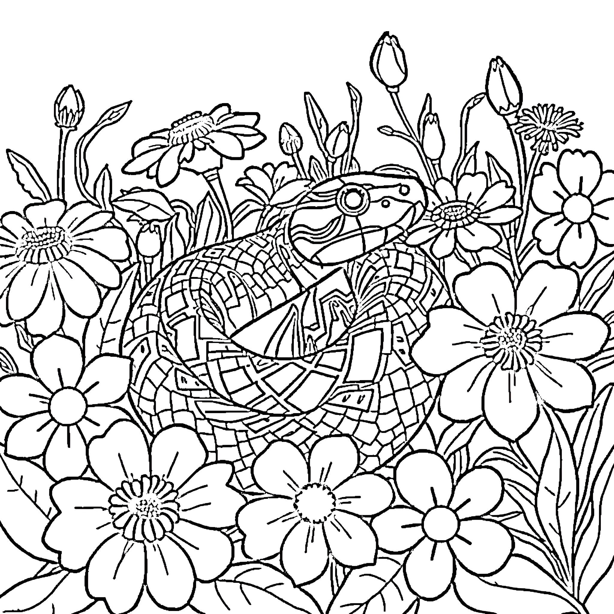 Snake slithering among vibrant floral garden Coloring Page (free black-and-white line drawing printable PDF for all, from beginners to advanced learners, including children, teens, adults, and seniors)