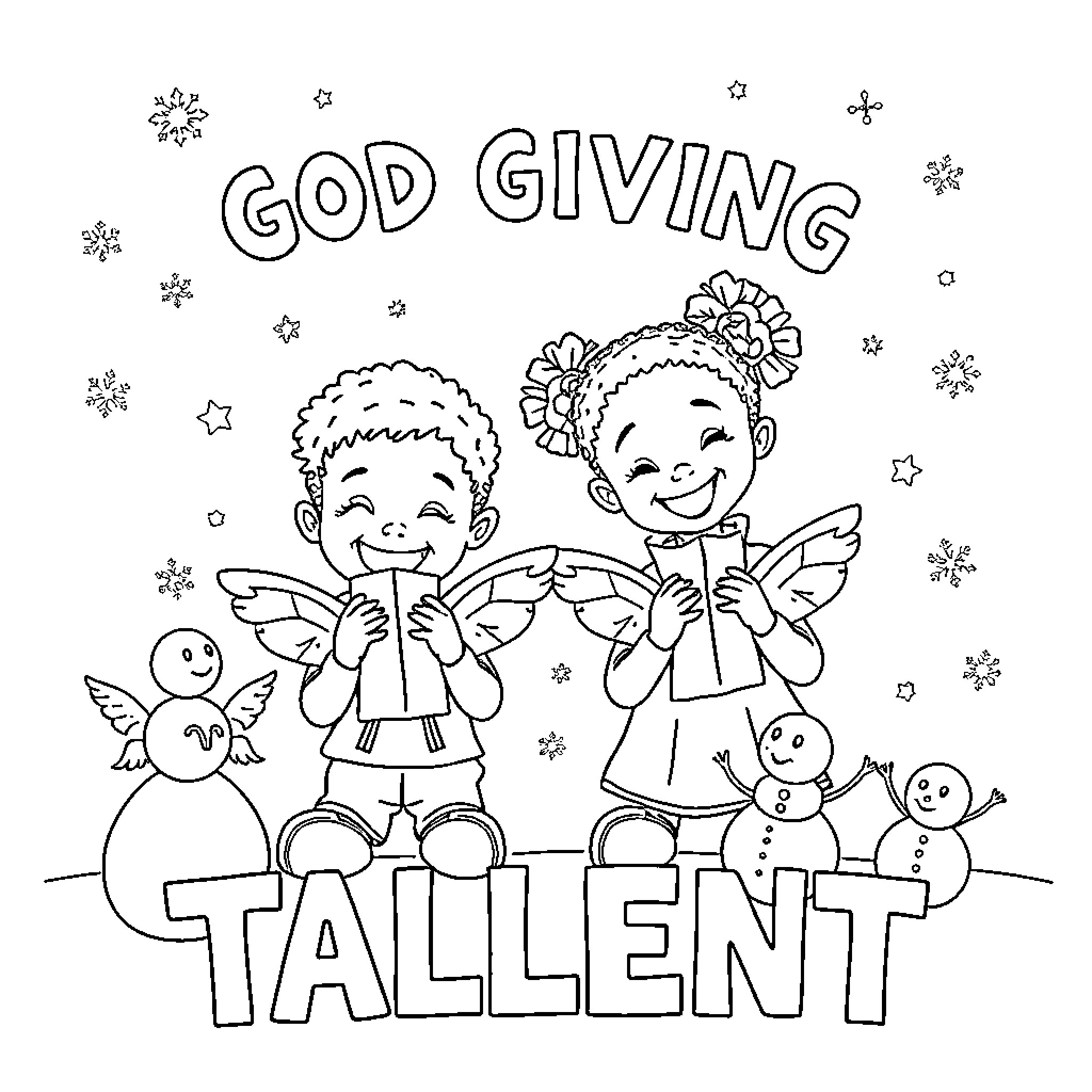 Boy Angels Spreading God's Giving Talent Coloring Page (free black-and-white line drawing printable PDF for all, from beginners to advanced learners, including children, teens, adults, and seniors)