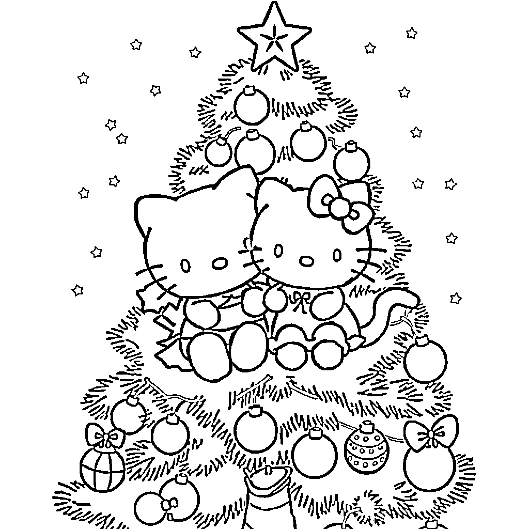 Keroppi celebrates Christmas with Hello Kitty Coloring Page (free black-and-white line drawing printable PDF for all, from beginners to advanced learners, including children, teens, adults, and seniors)