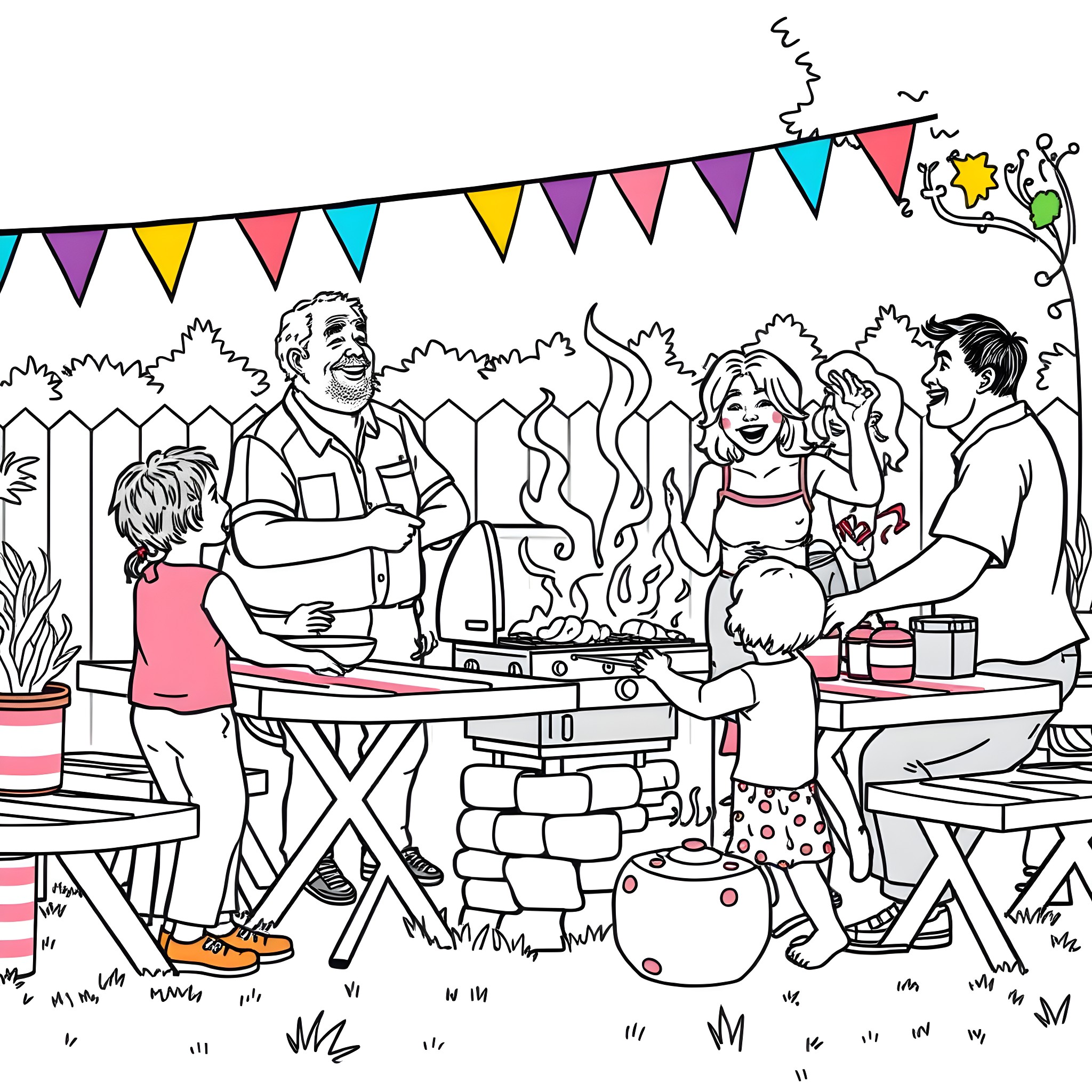 Dad barbecuing with family in the backyard Coloring Page (free black-and-white line drawing printable PDF for all, from beginners to advanced learners, including children, teens, adults, and seniors)