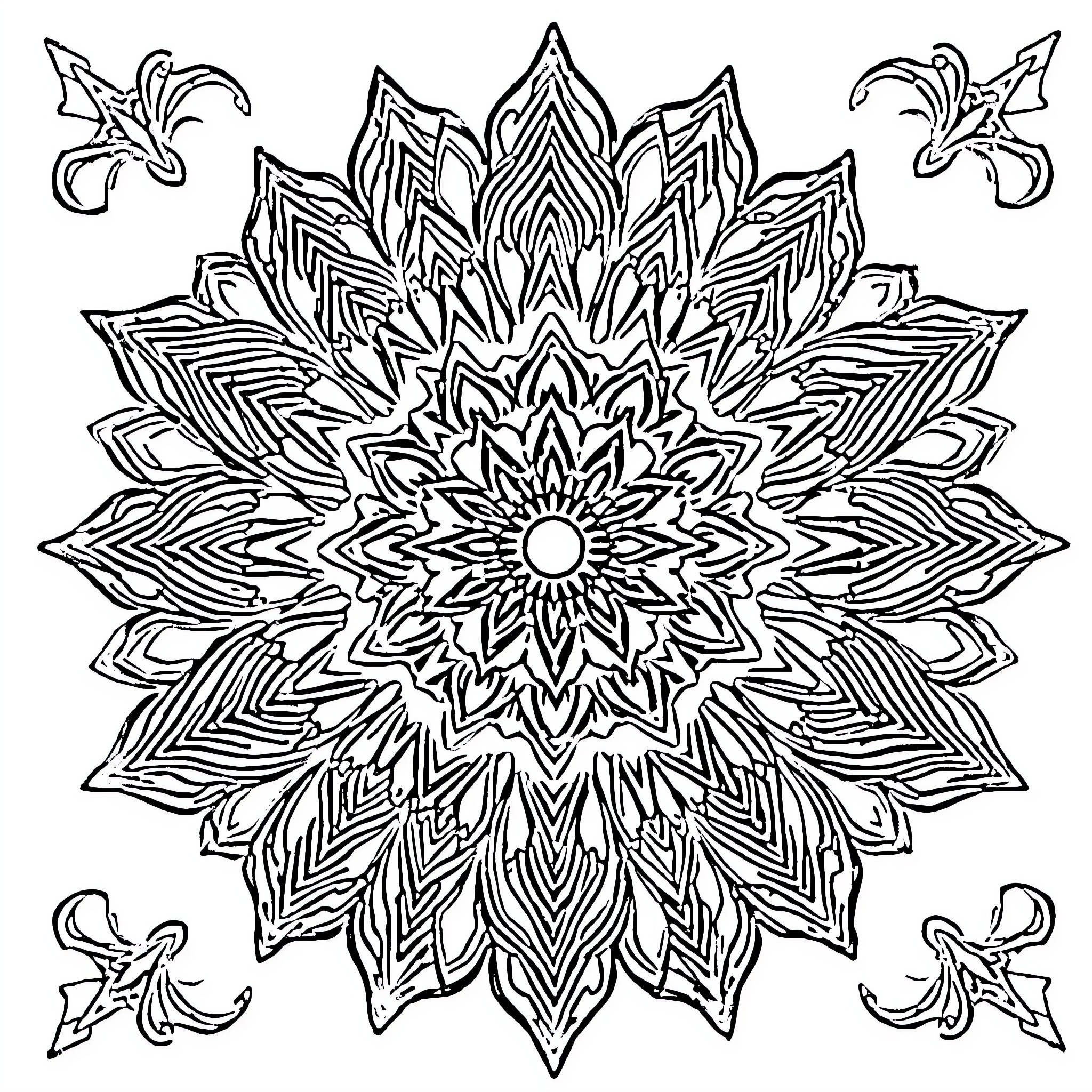 Mandala of intricate floral design Coloring Page (free black-and-white line drawing printable PDF for all, from beginners to advanced learners, including children, teens, adults, and seniors)