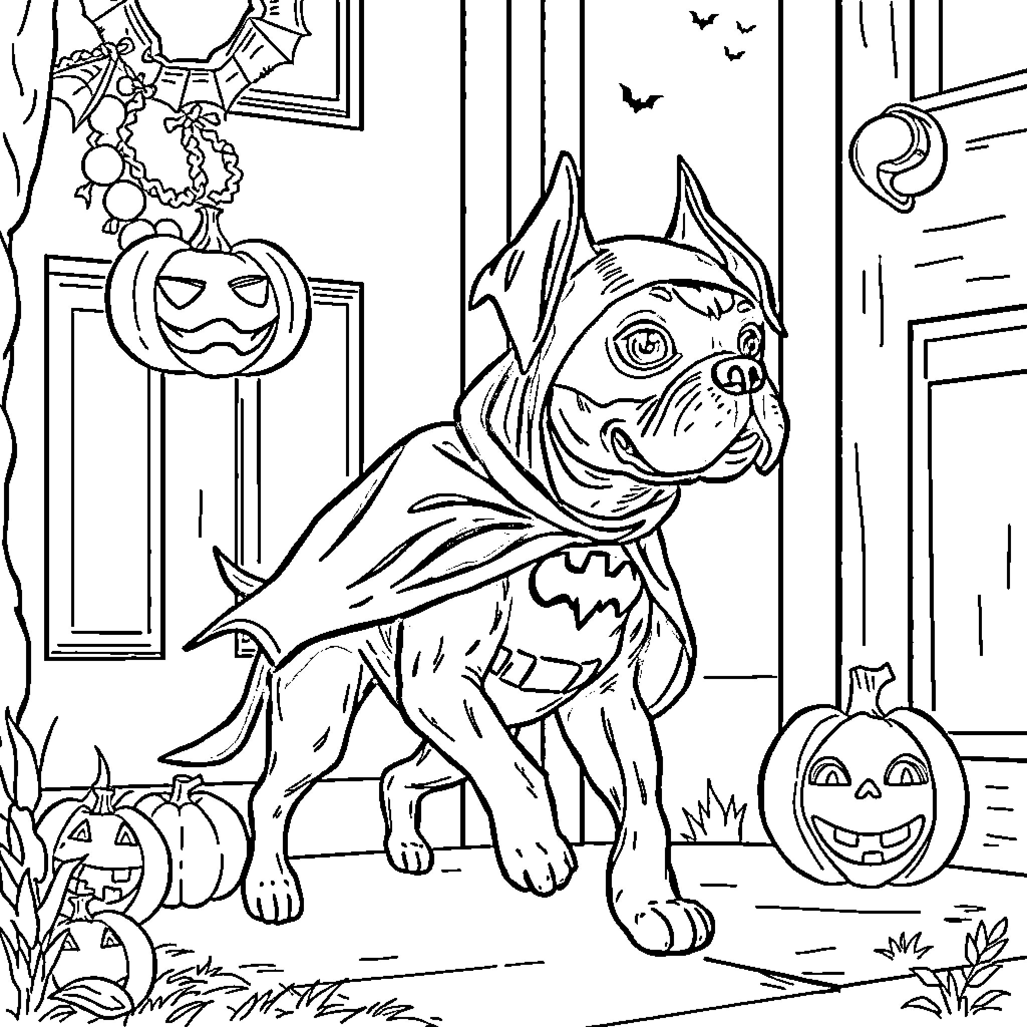 Boxer dog in Halloween costume on porch Coloring Page (free black-and-white line drawing printable PDF for all, from beginners to advanced learners, including children, teens, adults, and seniors)