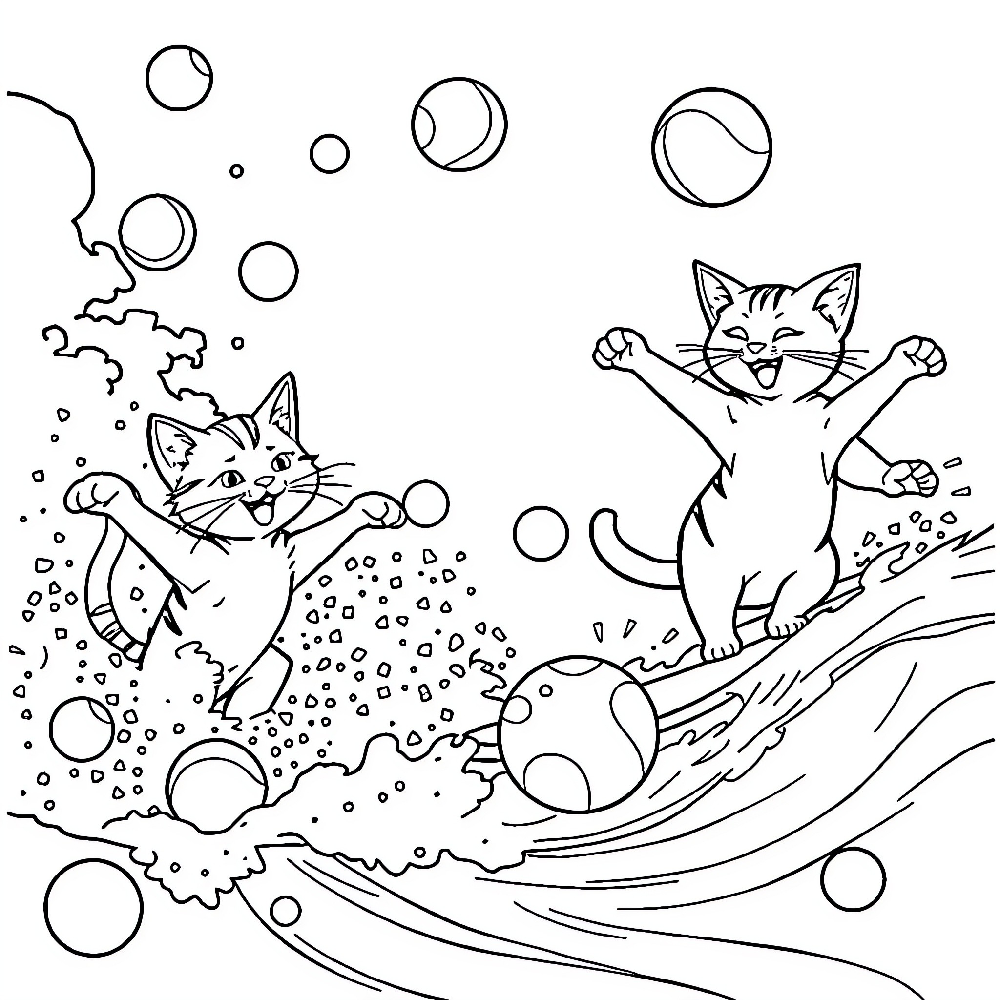 Cats playing with bubbles in a playful scene Coloring Page (free black-and-white line drawing printable PDF for all, from beginners to advanced learners, including children, teens, adults, and seniors)