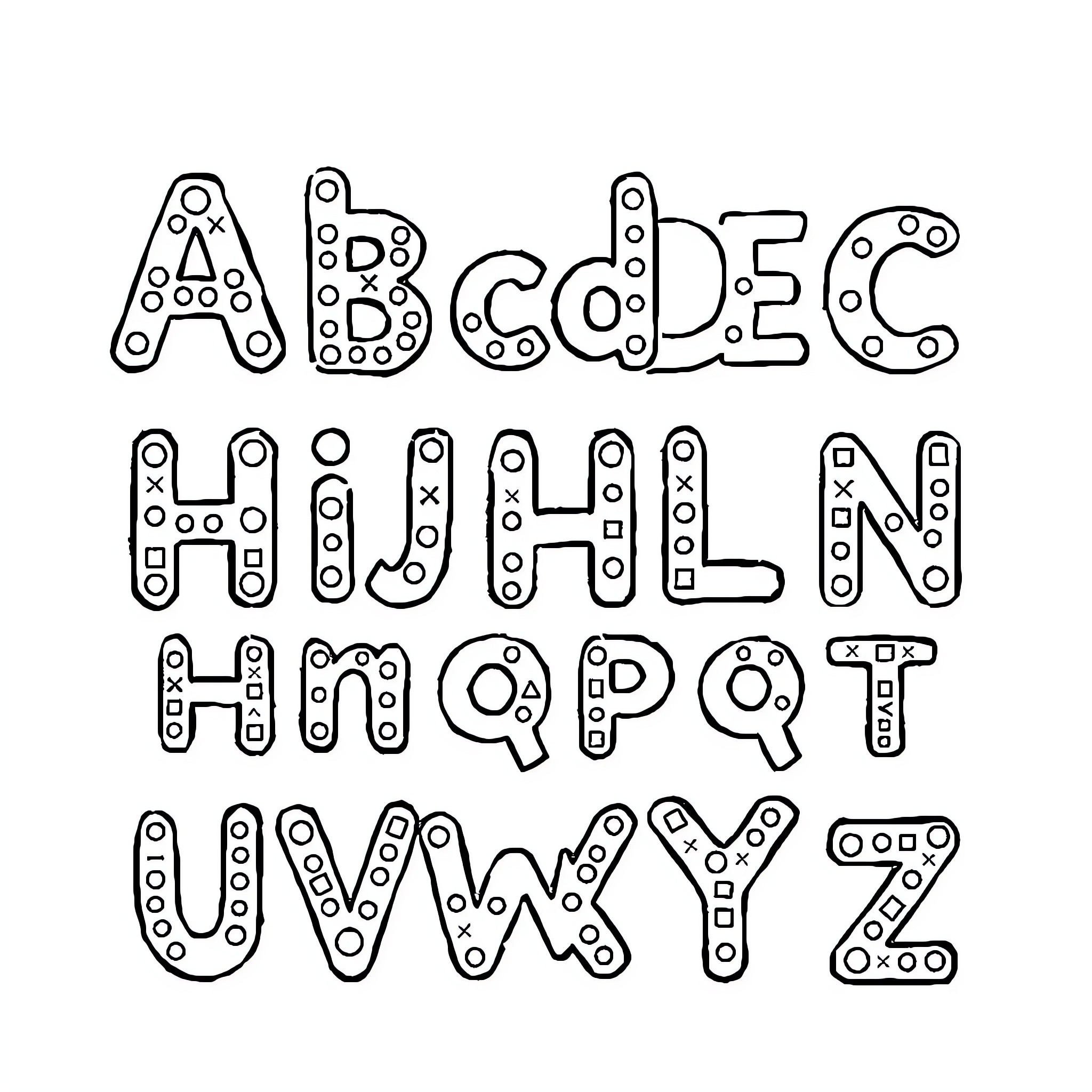 Alphabet of playful and whimsical characters Coloring Page (free black-and-white line drawing printable PDF for all, from beginners to advanced learners, including children, teens, adults, and seniors)