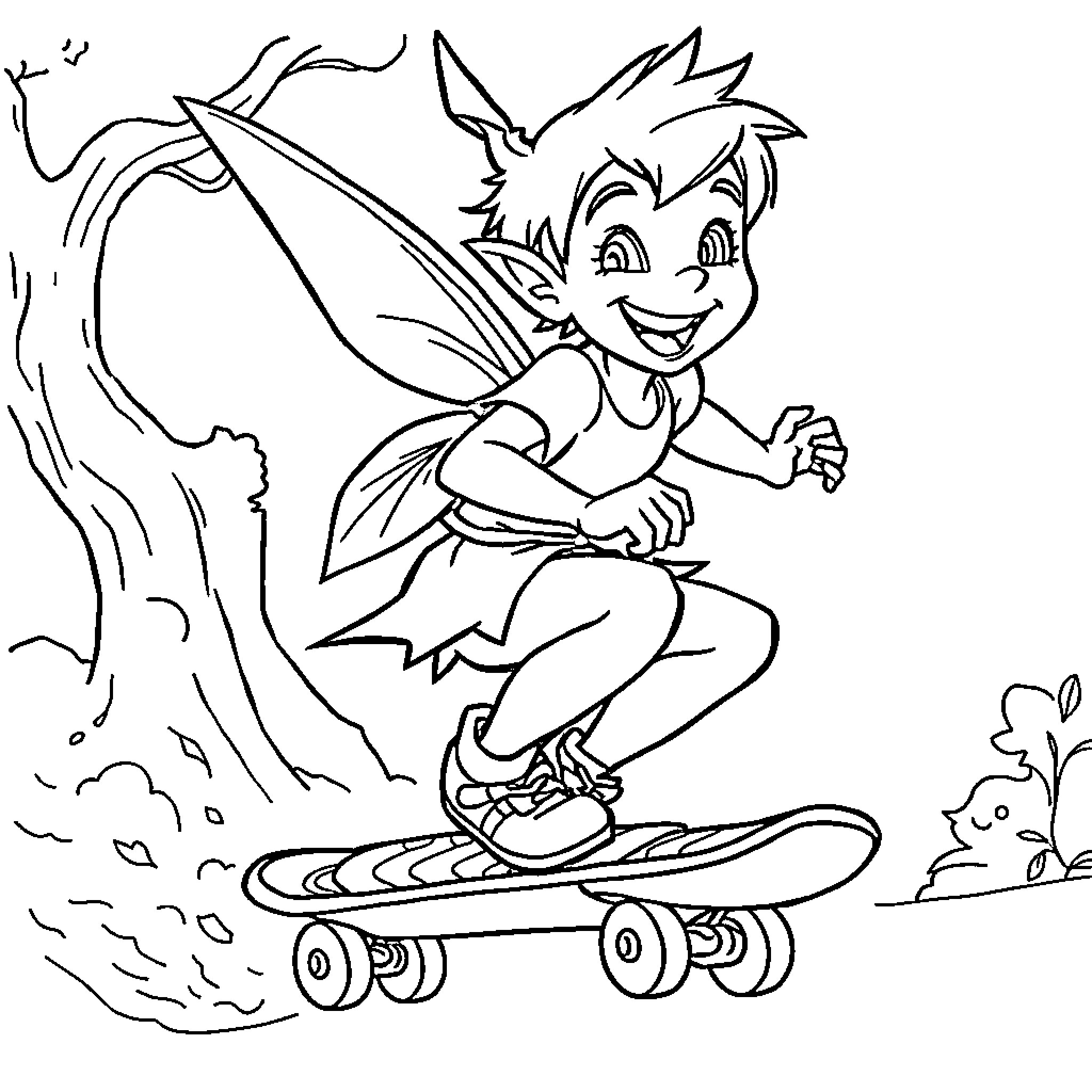 Peter Pan skateboarding through the forest Coloring Page (free black-and-white line drawing printable PDF for all, from beginners to advanced learners, including children, teens, adults, and seniors)