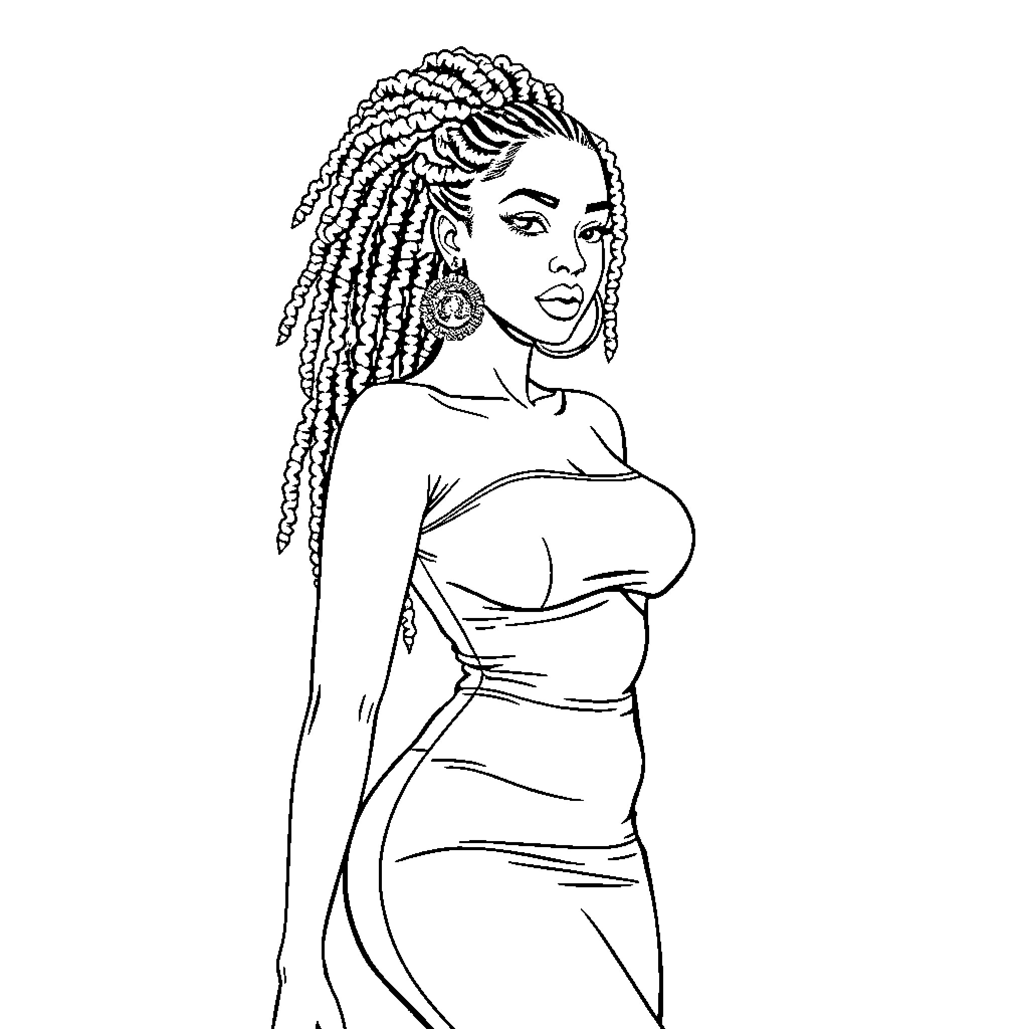 Woman with braided hairstyle in a posed portrait Coloring Page (free black-and-white line drawing printable PDF for all, from beginners to advanced learners, including children, teens, adults, and seniors)