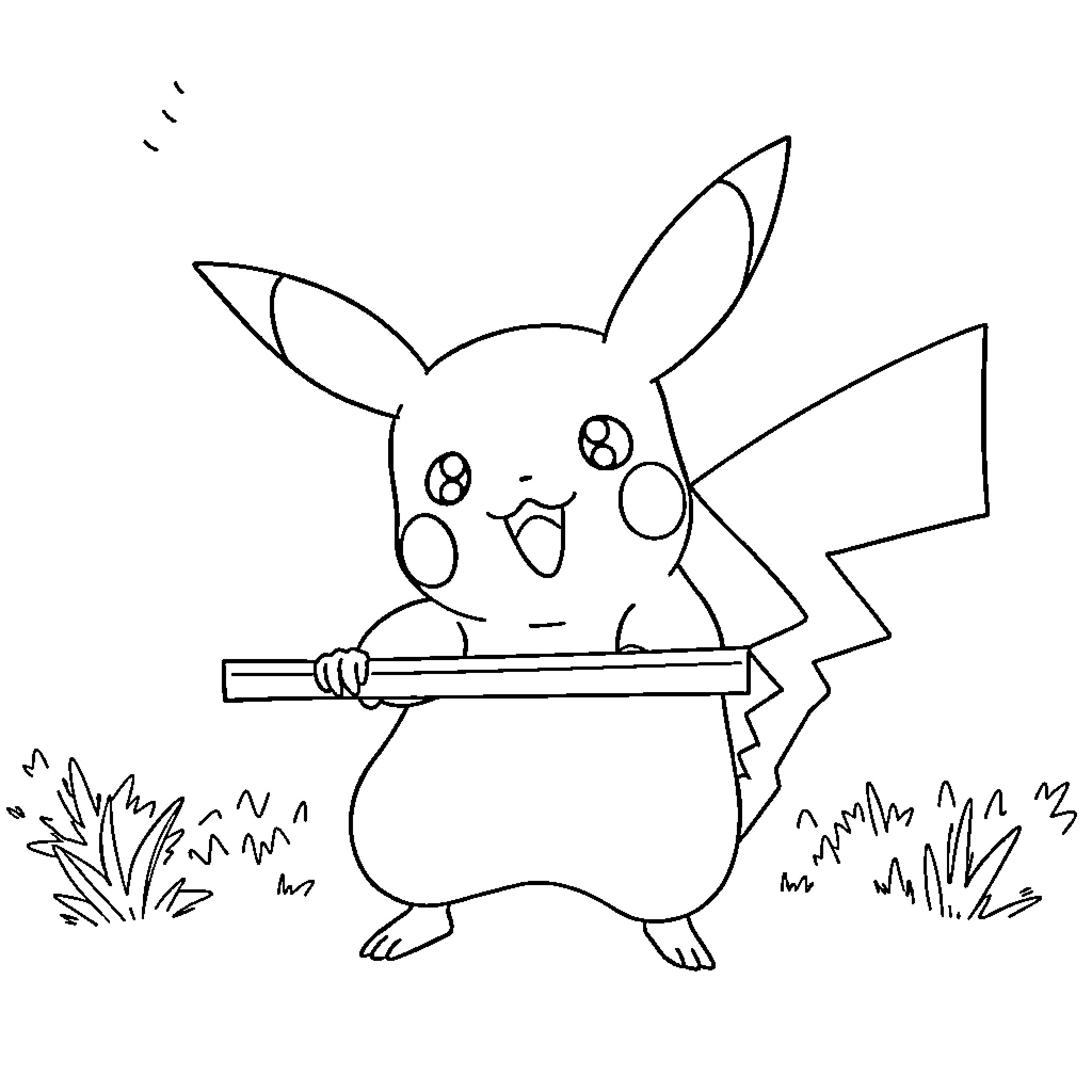 Pikachu playing with a stick in the grass Coloring Page (free black-and-white line drawing printable PDF for all, from beginners to advanced learners, including children, teens, adults, and seniors)