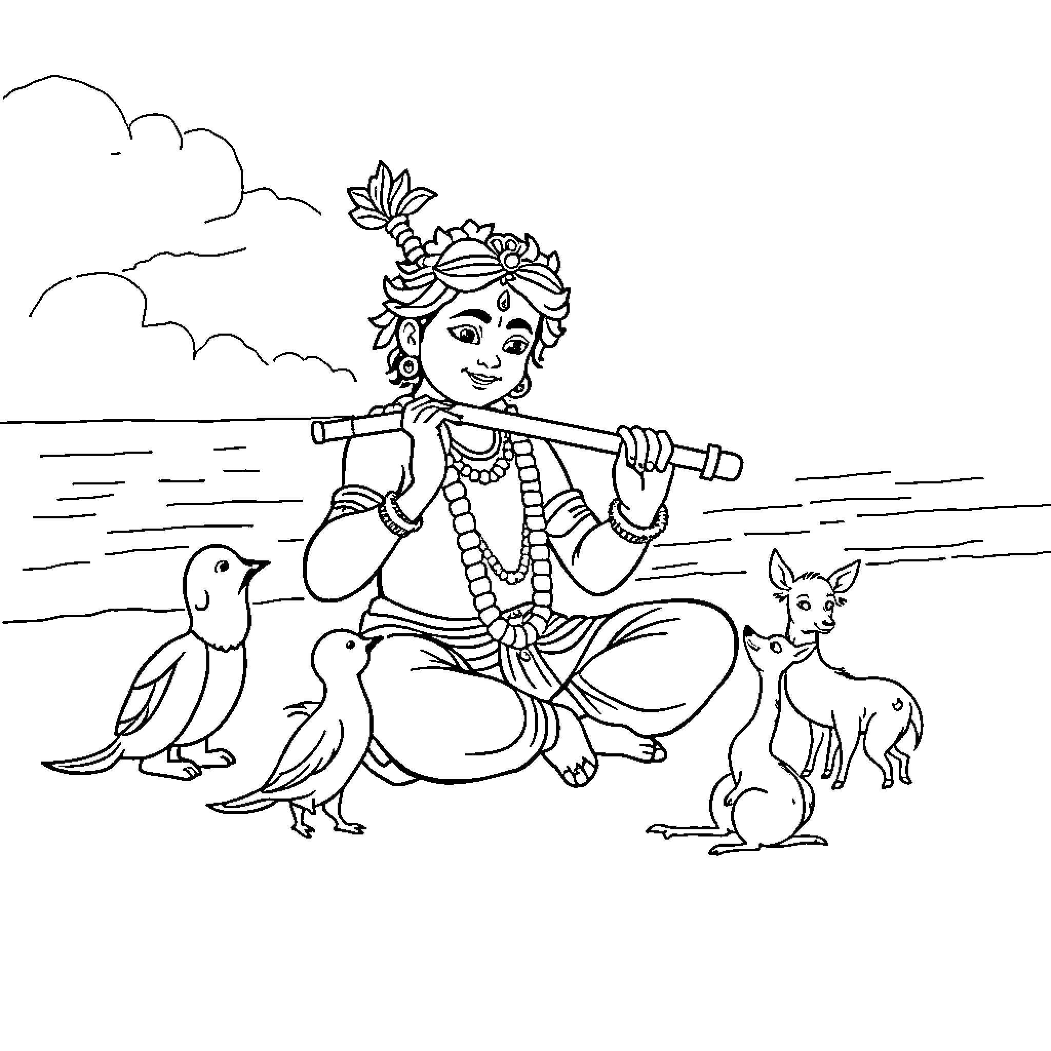 Krishna playing with animals in nature Coloring Page (free black-and-white line drawing printable PDF for all, from beginners to advanced learners, including children, teens, adults, and seniors)