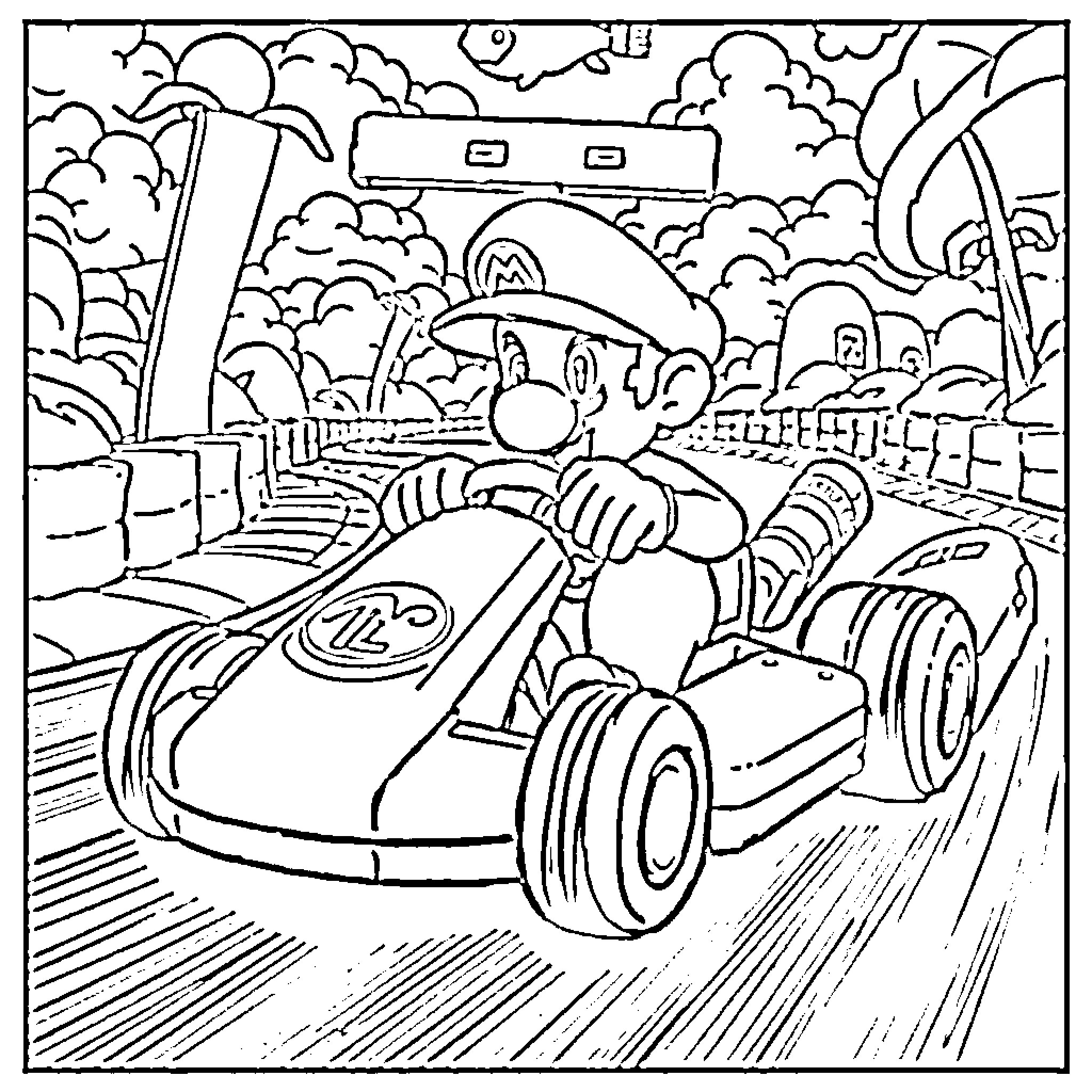 Karomi's Thrilling Kart Race in the Clouds Coloring Page (free black-and-white line drawing printable PDF for all, from beginners to advanced learners, including children, teens, adults, and seniors)