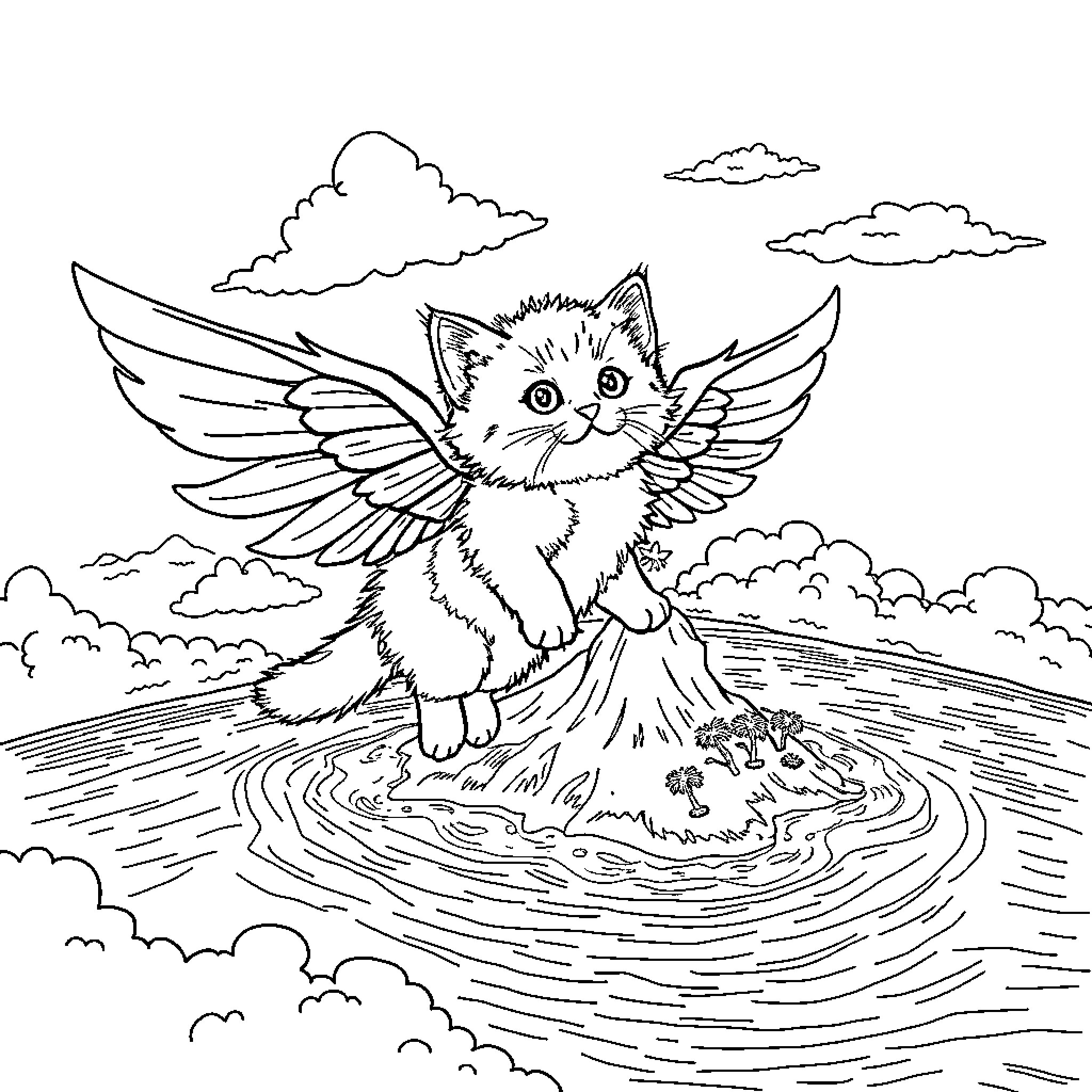 Kitten with Angel Wings Playing in Puddle Coloring Page (free black-and-white line drawing printable PDF for all, from beginners to advanced learners, including children, teens, adults, and seniors)