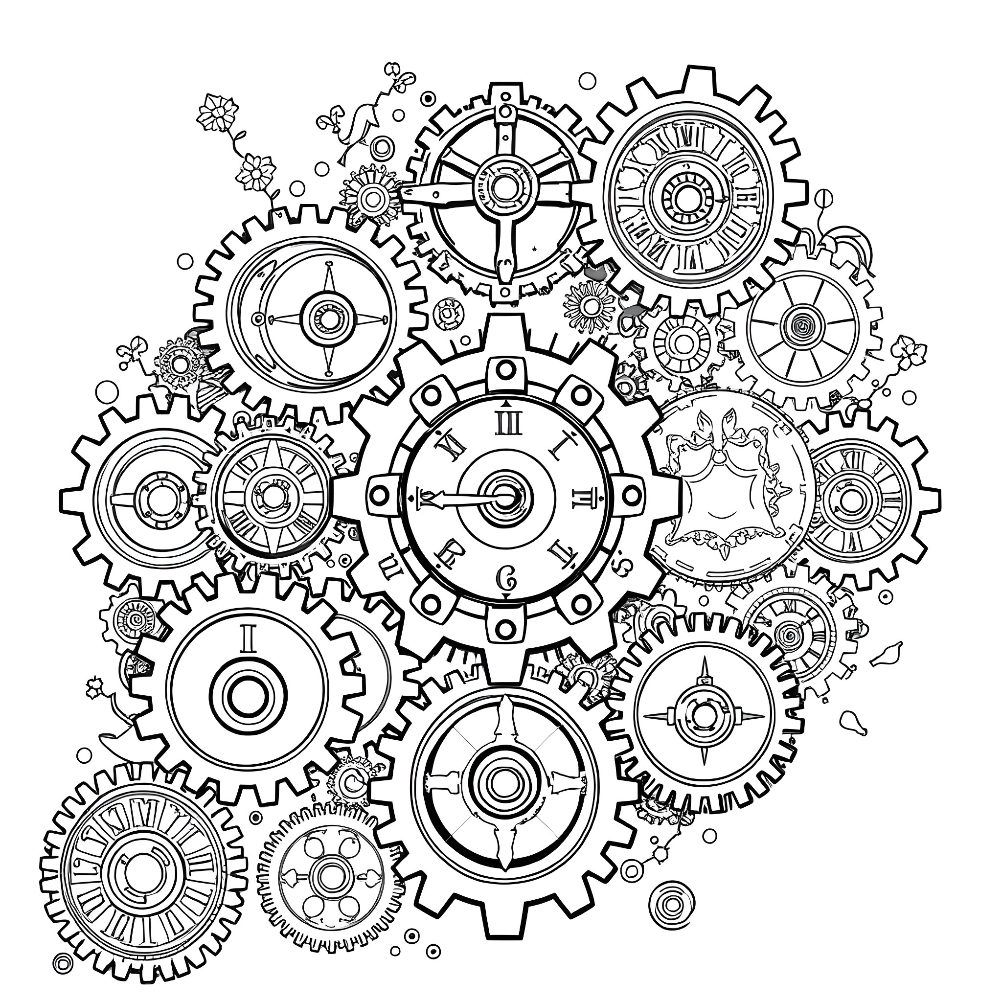 Gear Mechanisms and Intricate Clockwork Coloring Page (free black-and-white line drawing printable PDF for all, from beginners to advanced learners, including children, teens, adults, and seniors)