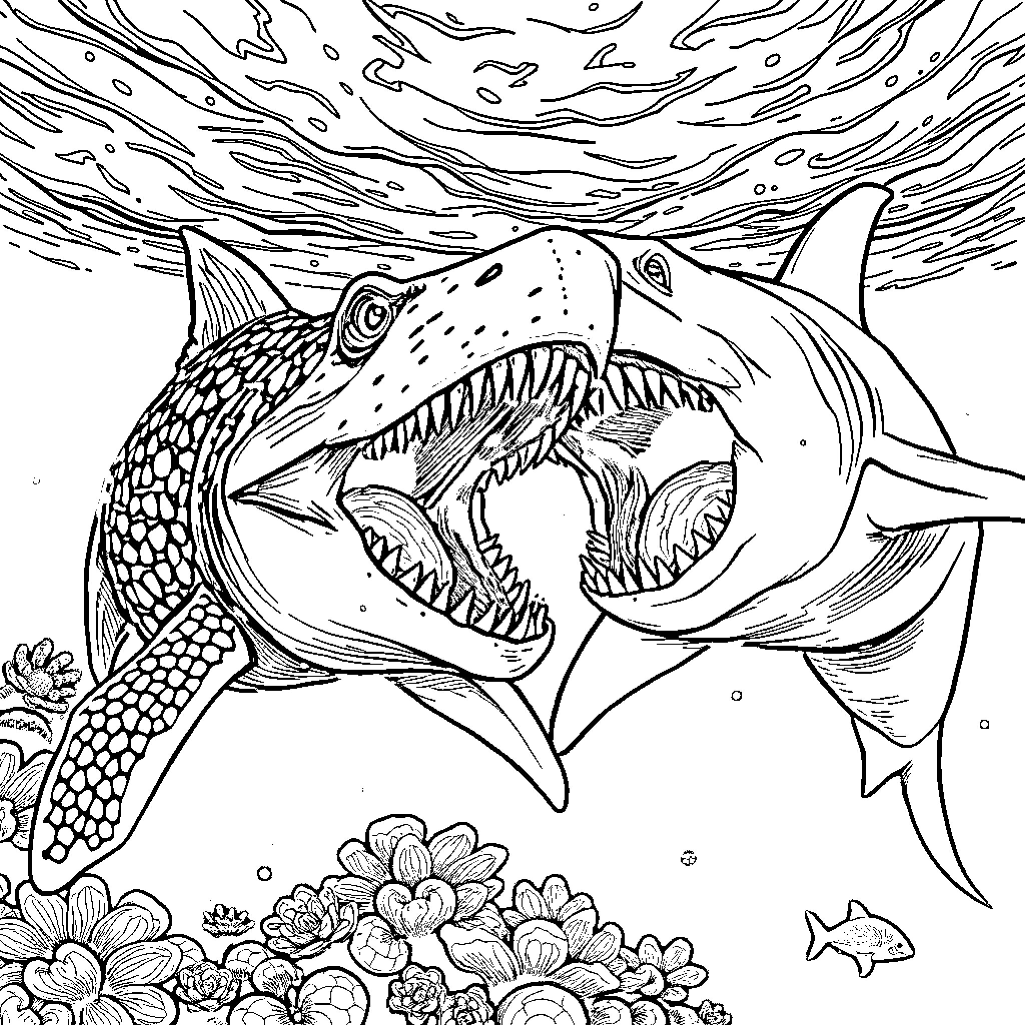 Mosasaur with Opened Jaws in Underwater Scene Coloring Page (free black-and-white line drawing printable PDF for all, from beginners to advanced learners, including children, teens, adults, and seniors)
