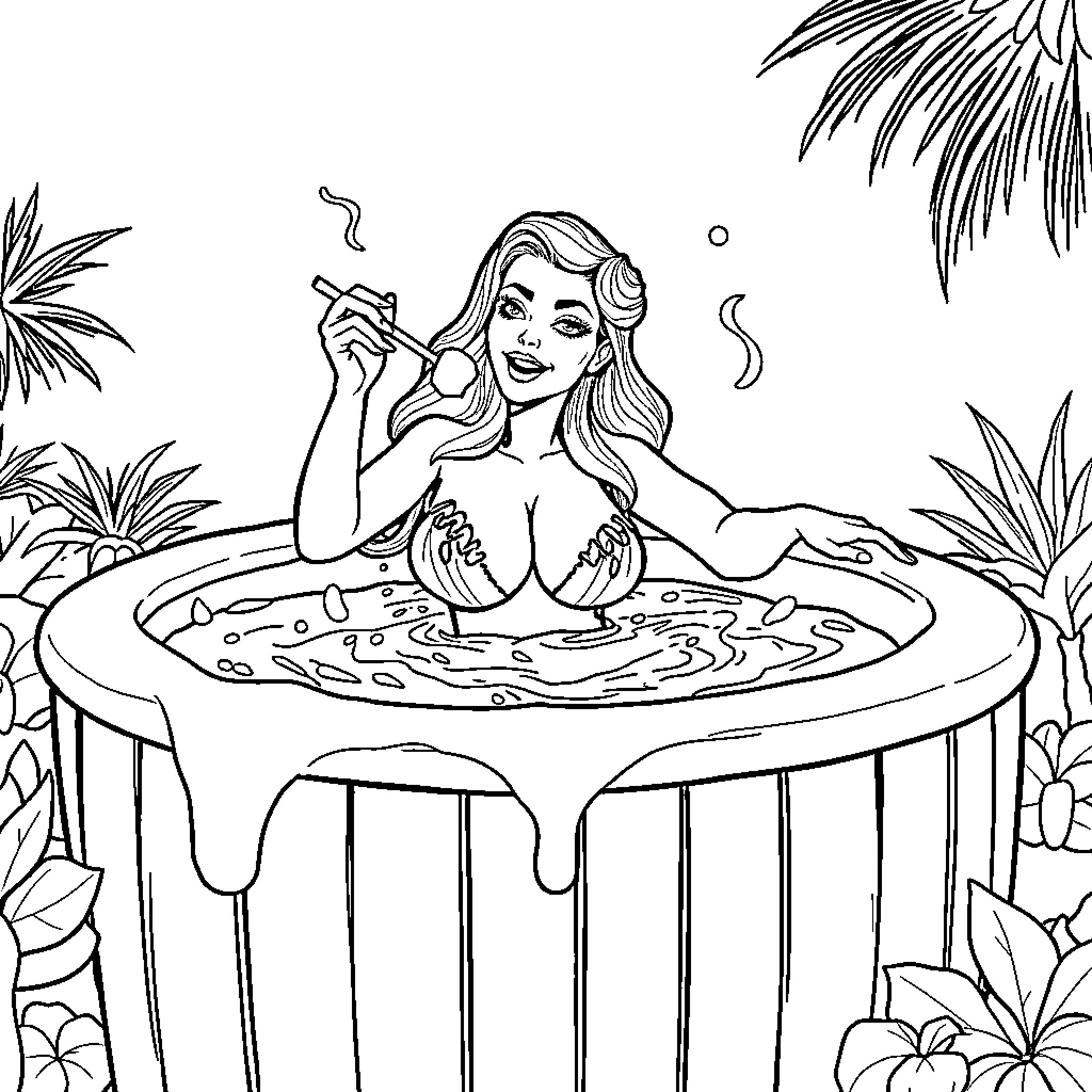 Gordita relaxing in an exotic pool Coloring Page (free black-and-white line drawing printable PDF for all, from beginners to advanced learners, including children, teens, adults, and seniors)