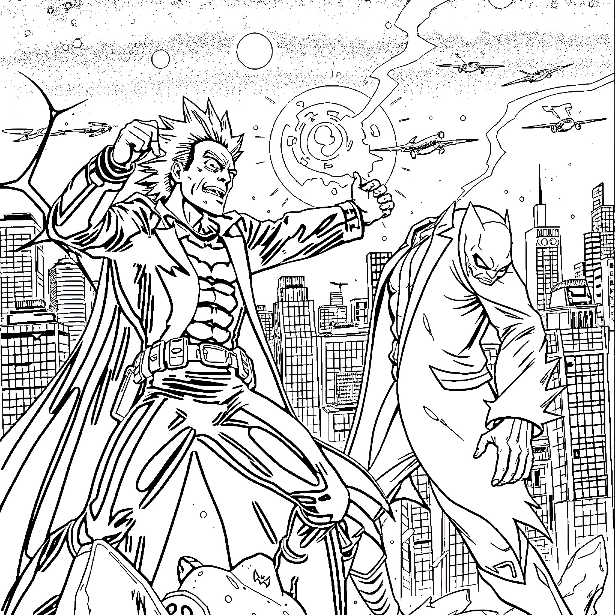 Rick's Heroic Clash with the Caped Crusader in the City Coloring Page (free black-and-white line drawing printable PDF for all, from beginners to advanced learners, including children, teens, adults, and seniors)