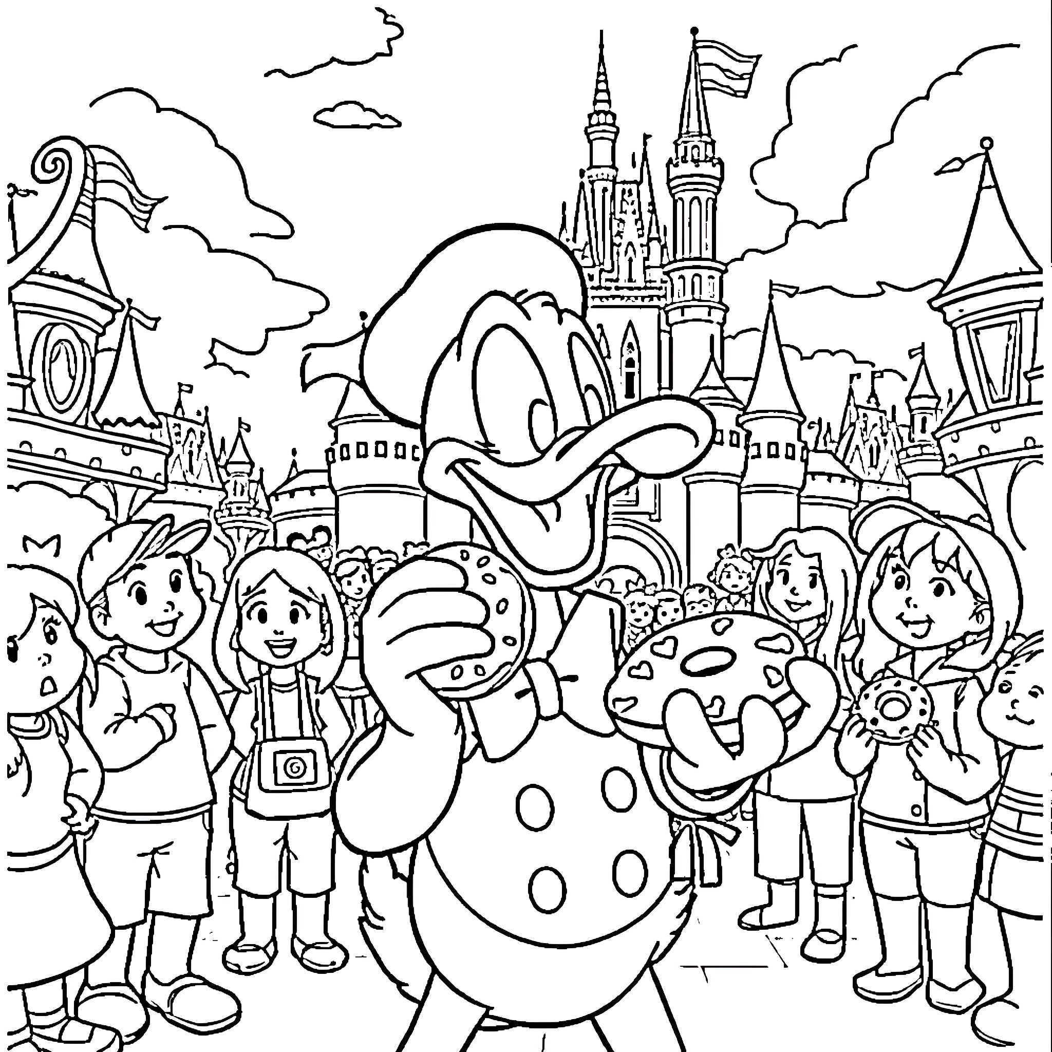Donald Duck's Adventure in the Enchanted Disney Kingdom Coloring Page (free black-and-white line drawing printable PDF for all, from beginners to advanced learners, including children, teens, adults, and seniors)