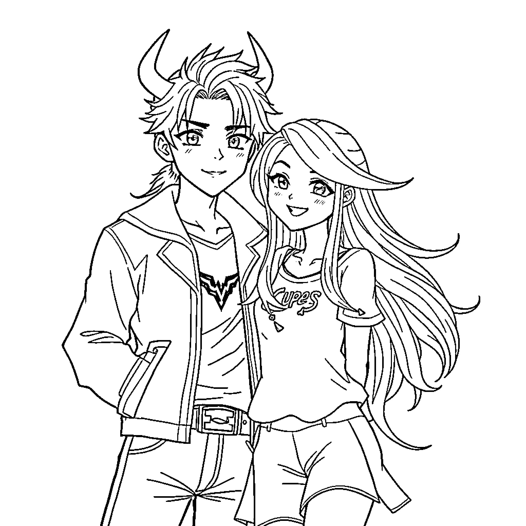 Rumi's Stylish Anime Duo Coloring Page (free black-and-white line drawing printable PDF for all, from beginners to advanced learners, including children, teens, adults, and seniors)