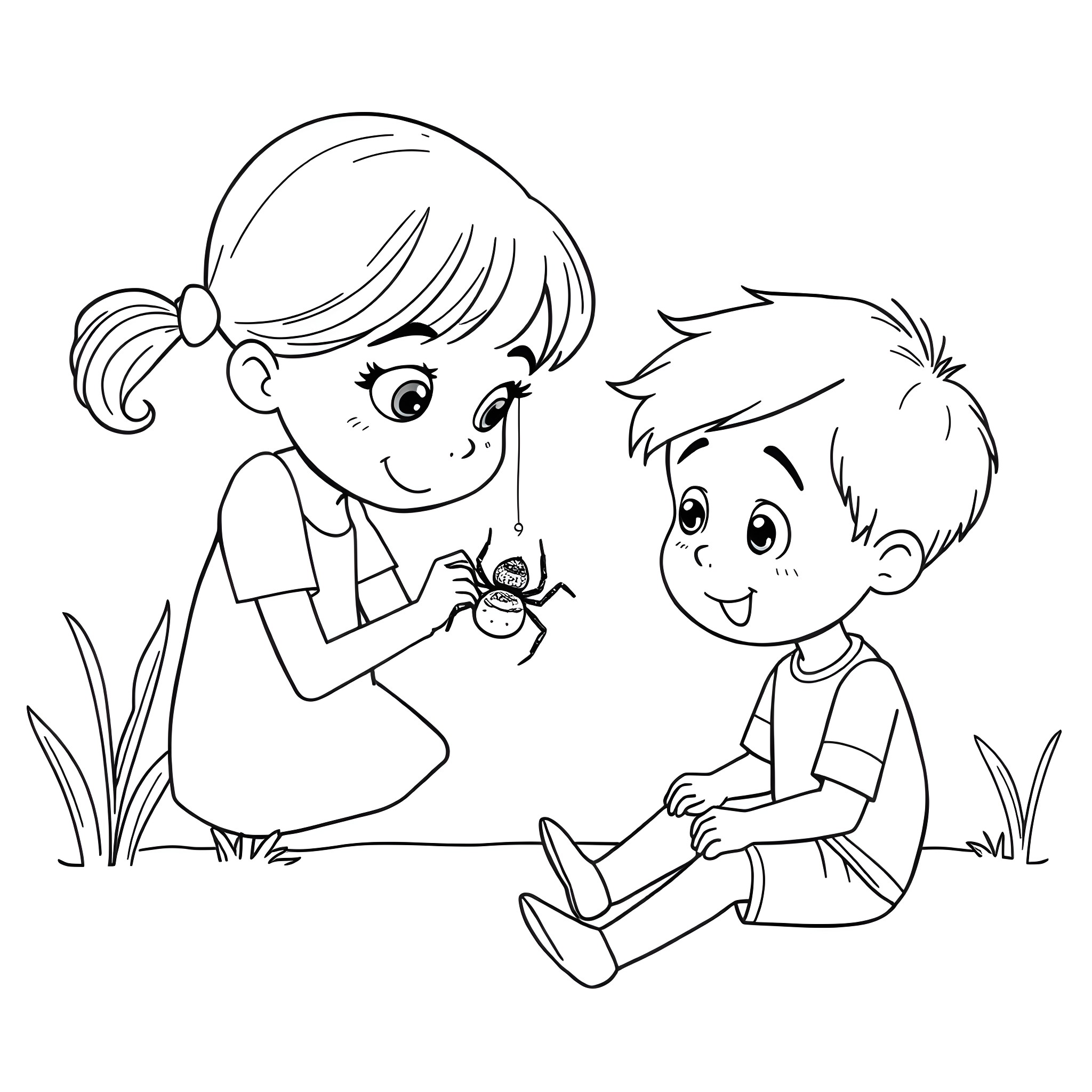 Girl showing boy a bug in the garden Coloring Page (free black-and-white line drawing printable PDF for all, from beginners to advanced learners, including children, teens, adults, and seniors)