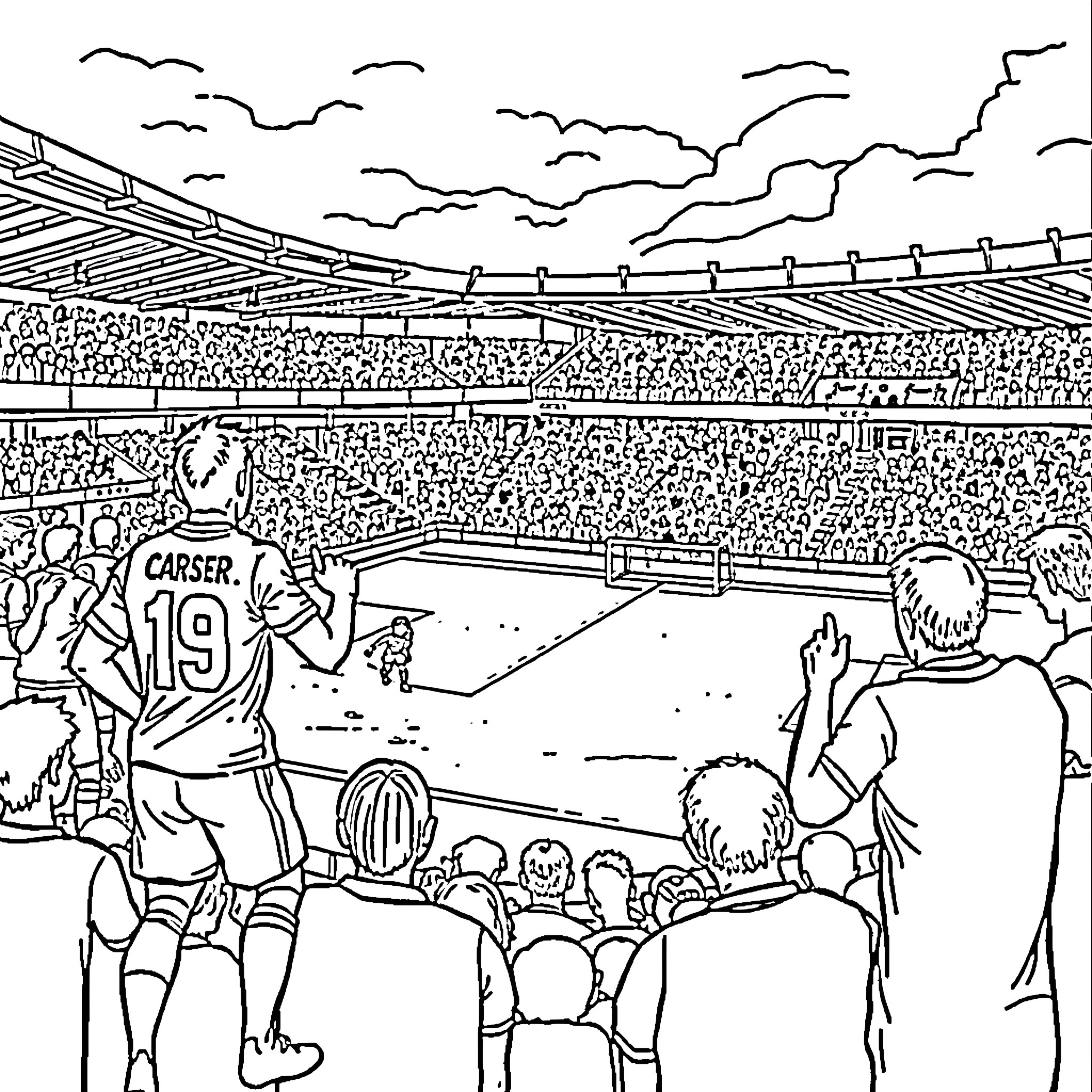 Portsmouth FC players in an intense sports match Coloring Page (free black-and-white line drawing printable PDF for all, from beginners to advanced learners, including children, teens, adults, and seniors)