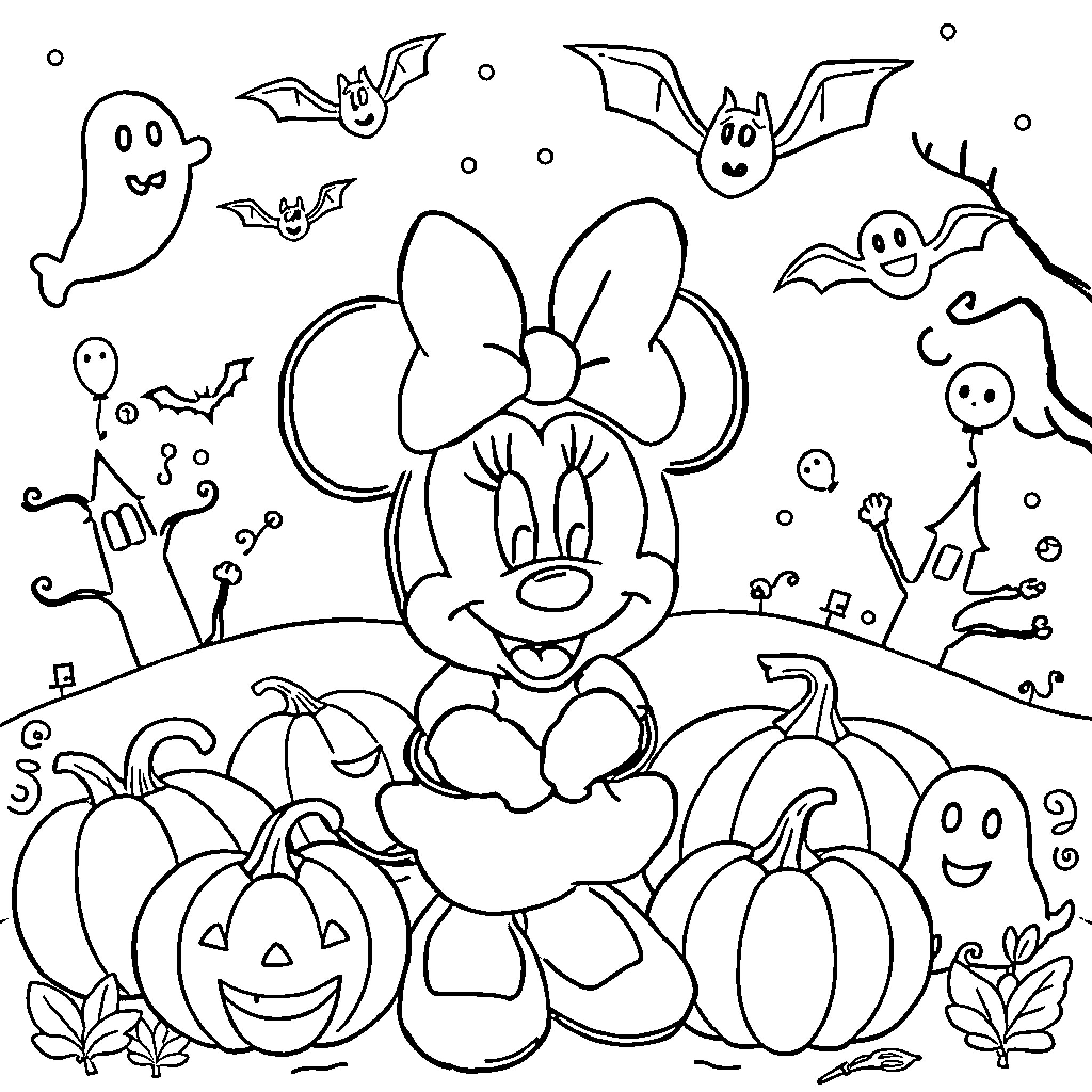 Minnie Mouse celebrating Halloween with pumpkins and bats Coloring Page (free black-and-white line drawing printable PDF for all, from beginners to advanced learners, including children, teens, adults, and seniors)