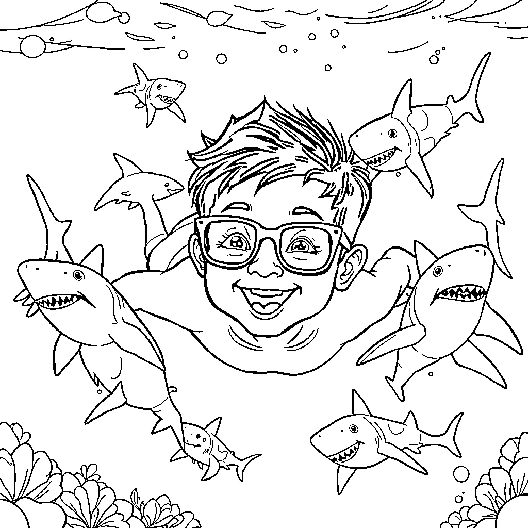 Boy surrounded by happy sharks in underwater scene Coloring Page (free black-and-white line drawing printable PDF for all, from beginners to advanced learners, including children, teens, adults, and seniors)