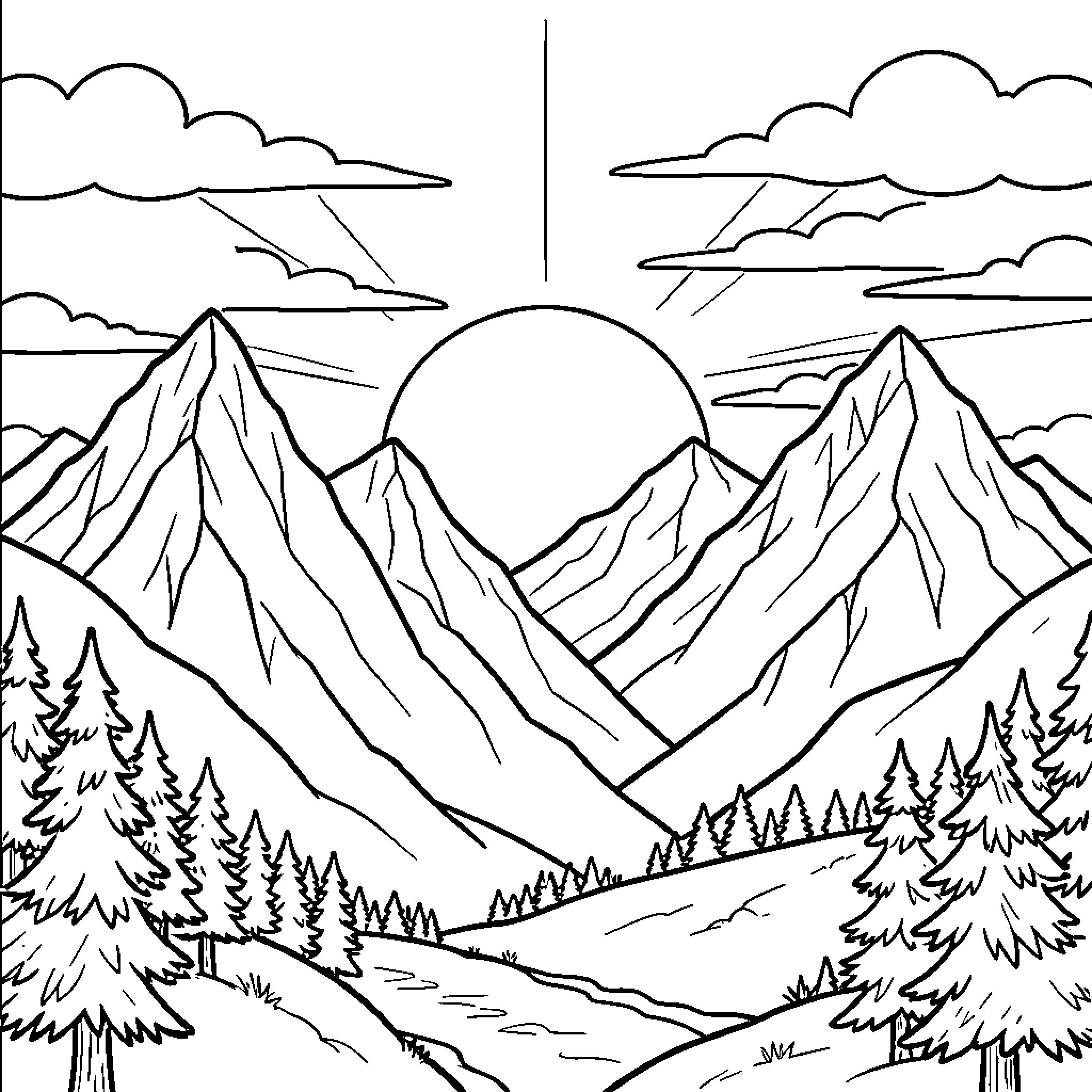 Mountain peaks standing under a rising sun Coloring Page (free black-and-white line drawing printable PDF for all, from beginners to advanced learners, including children, teens, adults, and seniors)