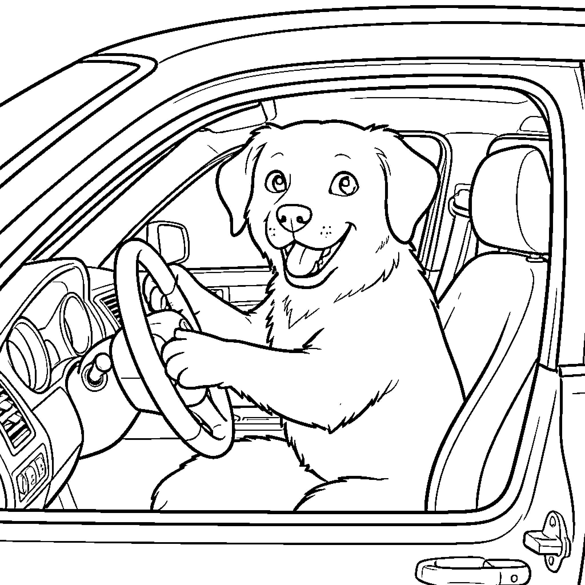 Dog driving happily in car Coloring Page (free black-and-white line drawing printable PDF for all, from beginners to advanced learners, including children, teens, adults, and seniors)
