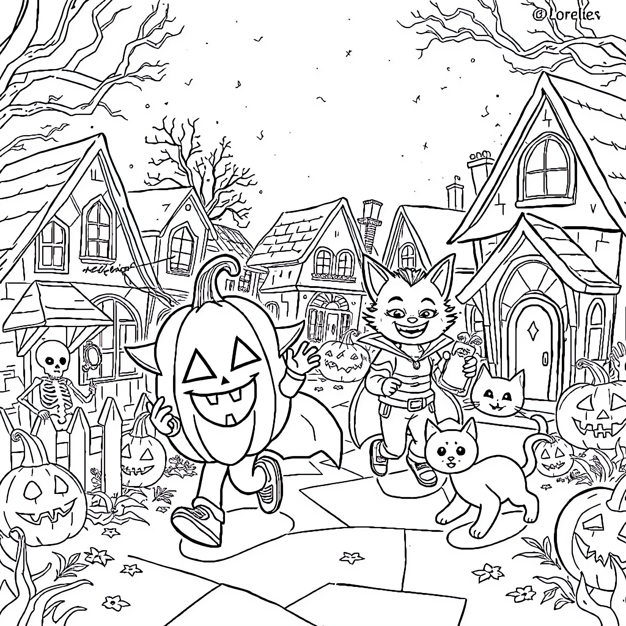 Halloween Fun in a Spooky Village Coloring Page (free black-and-white line drawing printable PDF for all, from beginners to advanced learners, including children, teens, adults, and seniors)