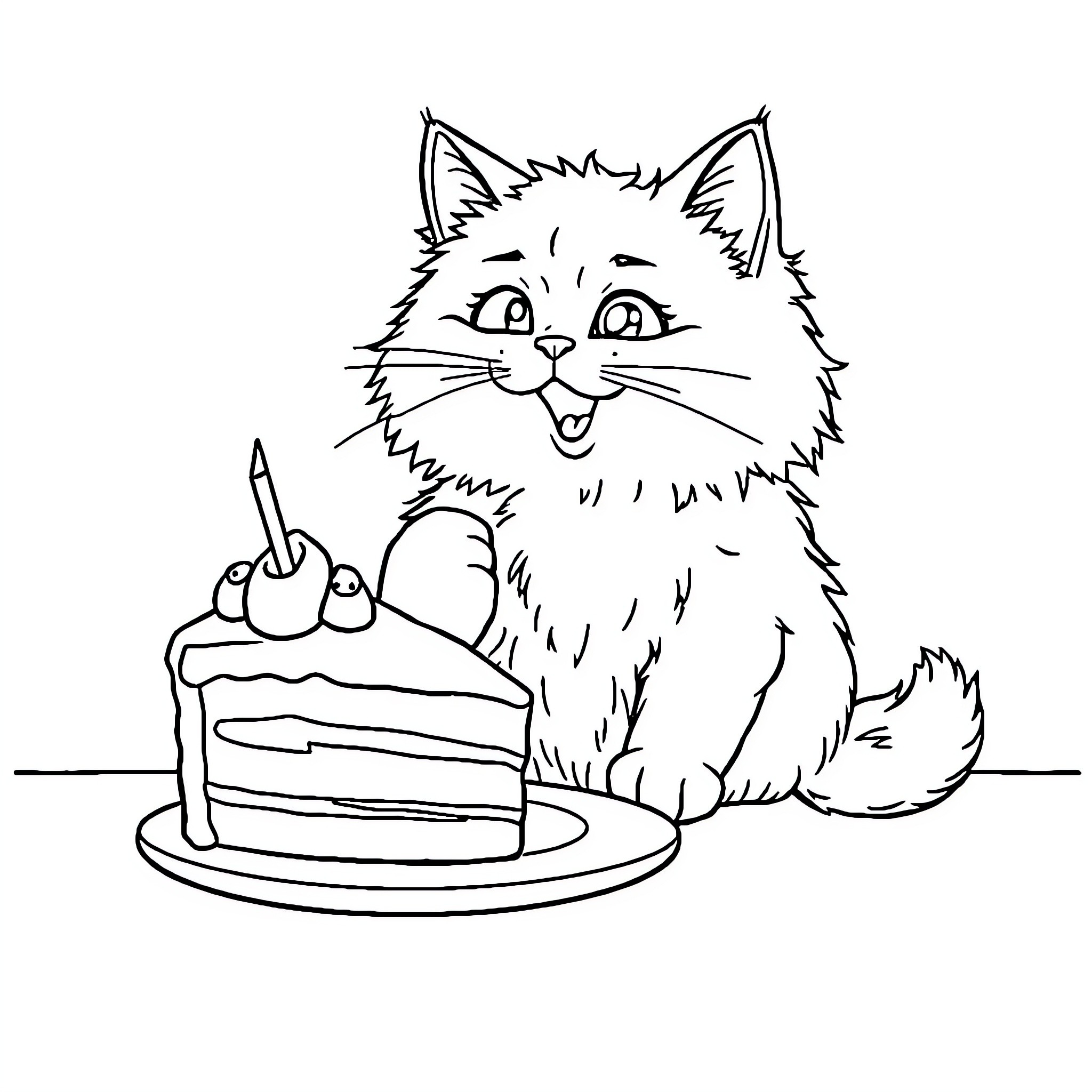 Cat admiring a slice of cake Coloring Page (free black-and-white line drawing printable PDF for all, from beginners to advanced learners, including children, teens, adults, and seniors)