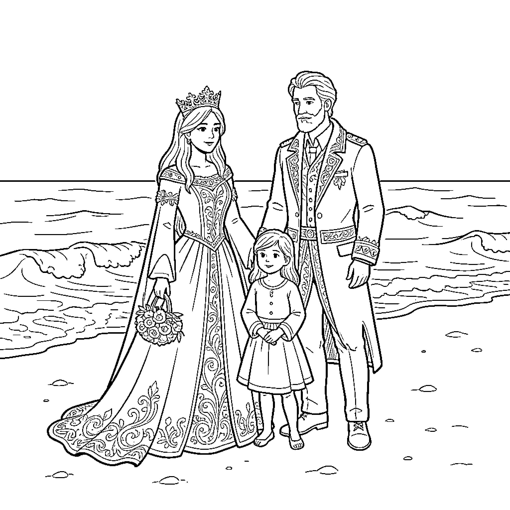 Queen and royal family standing together on the beach Coloring Page (free black-and-white line drawing printable PDF for all, from beginners to advanced learners, including children, teens, adults, and seniors)
